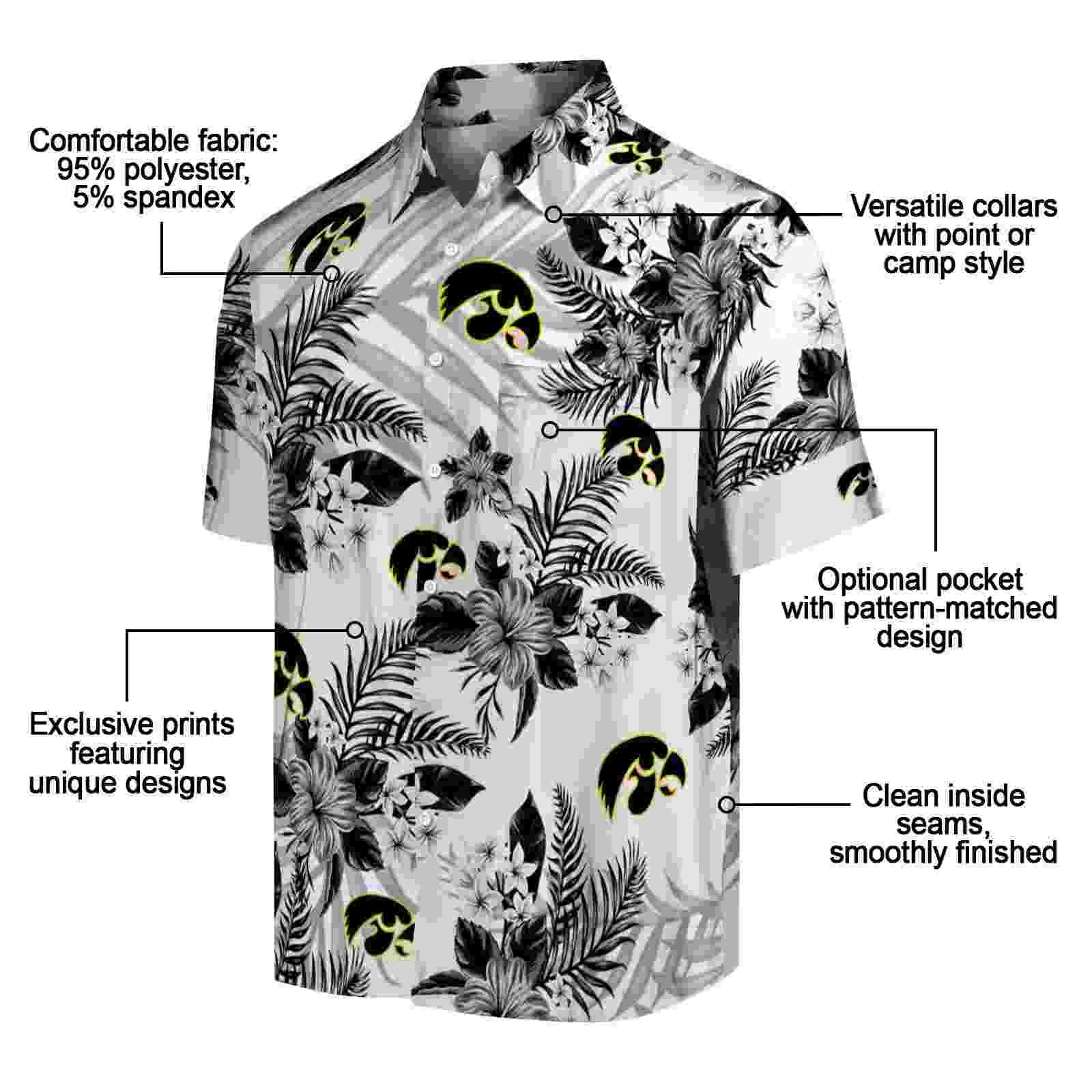 iowa hawkeyes hibiscus palm leaves black white hawaiian shirt new arrival