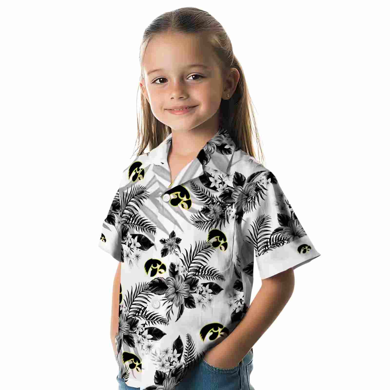 iowa hawkeyes hibiscus palm leaves black white hawaiian shirt premium grade