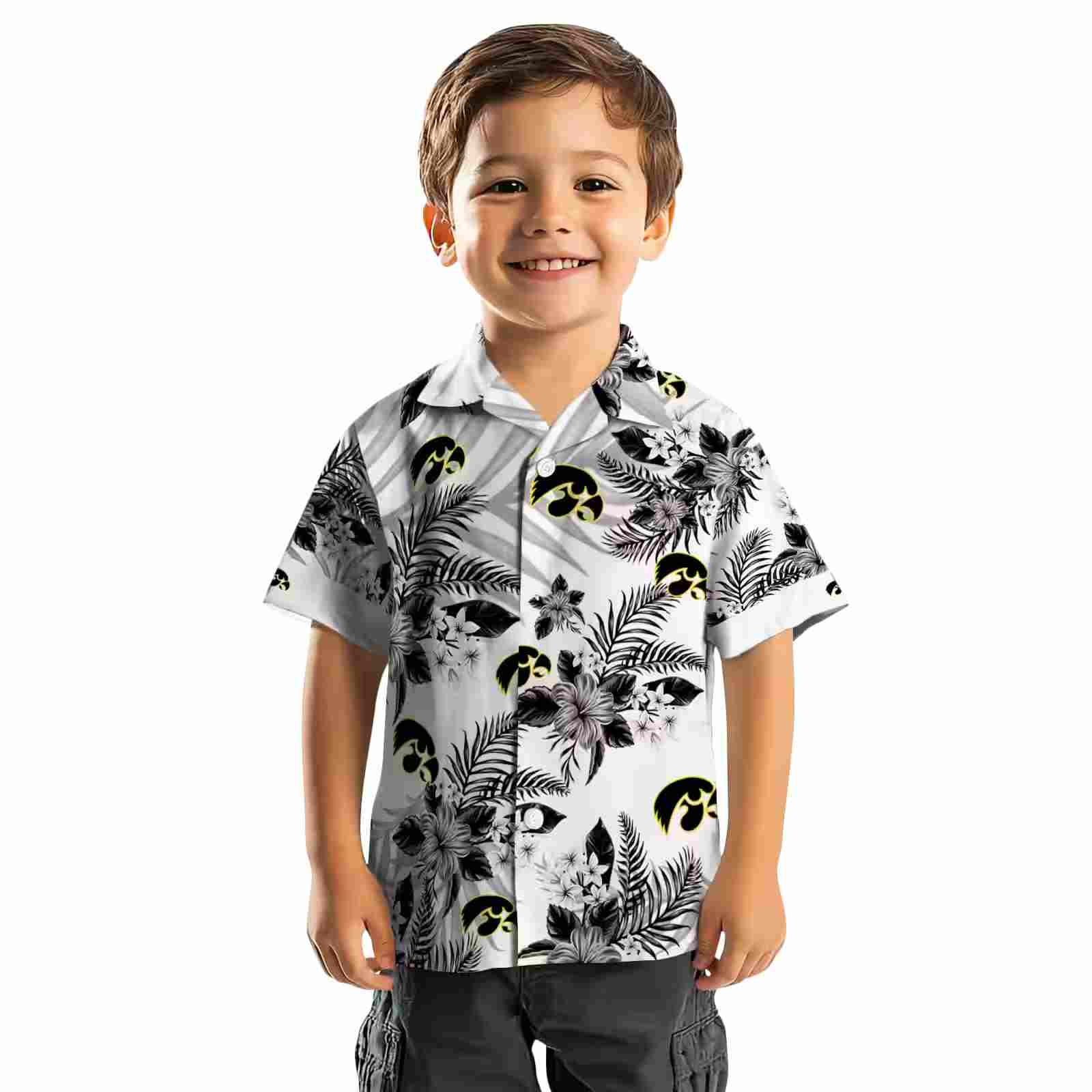 iowa hawkeyes hibiscus palm leaves black white hawaiian shirt top rated