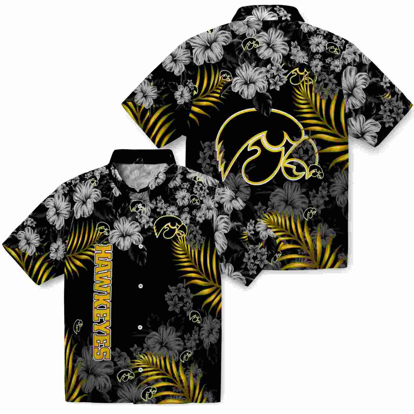 iowa hawkeyes hibiscus print black hawaiian shirt high quality