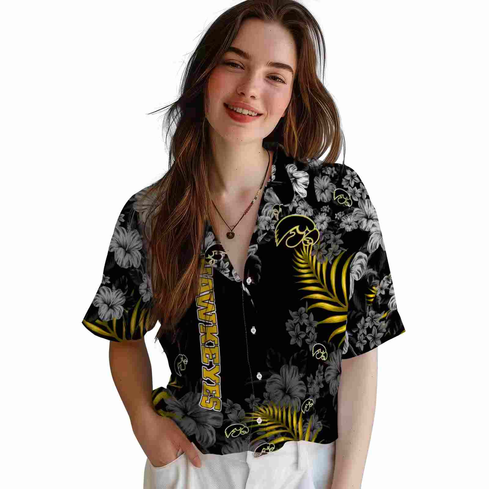 iowa hawkeyes hibiscus print black hawaiian shirt latest model