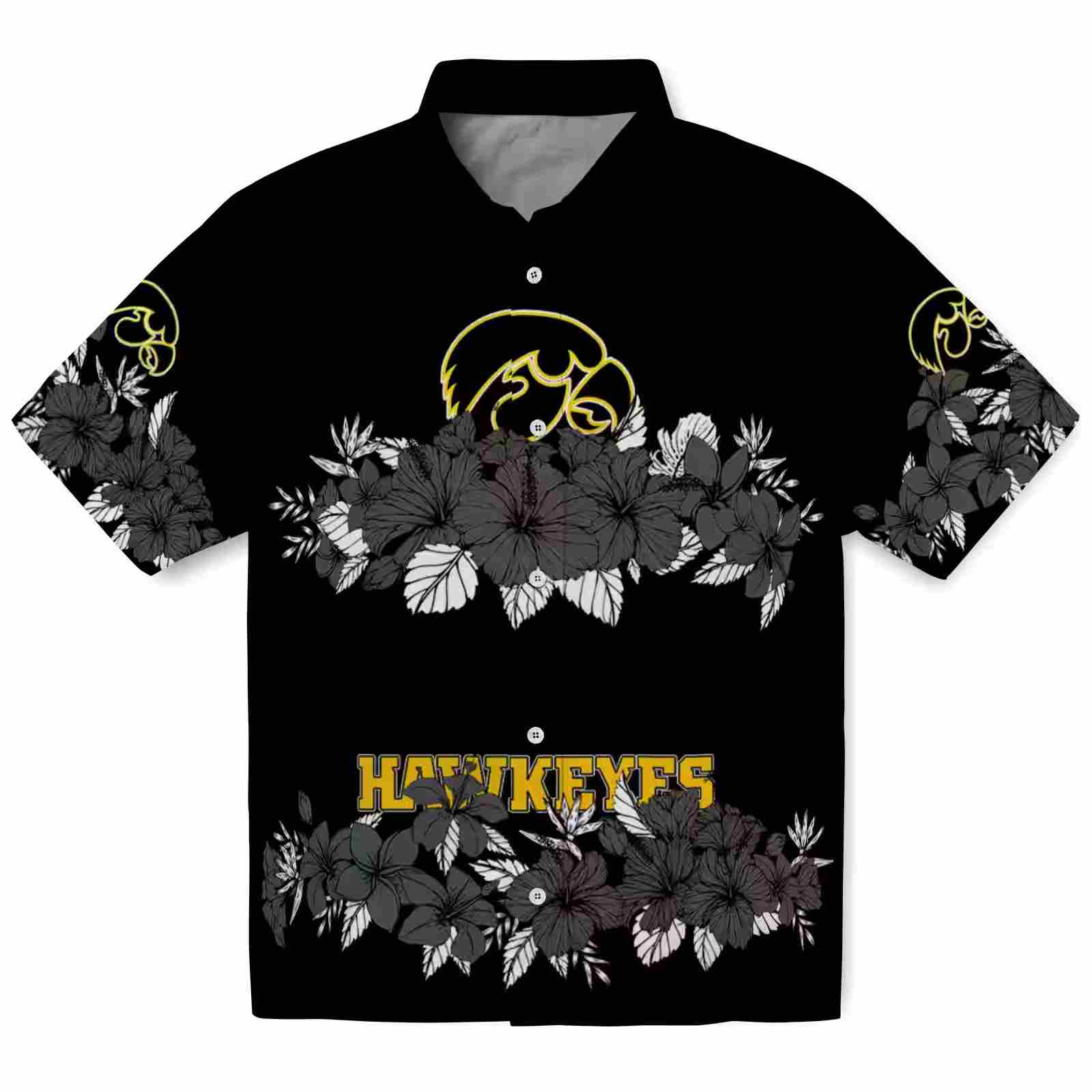 Iowa Hawkeyes Hibiscus Stripe Black Hawaiian Shirt