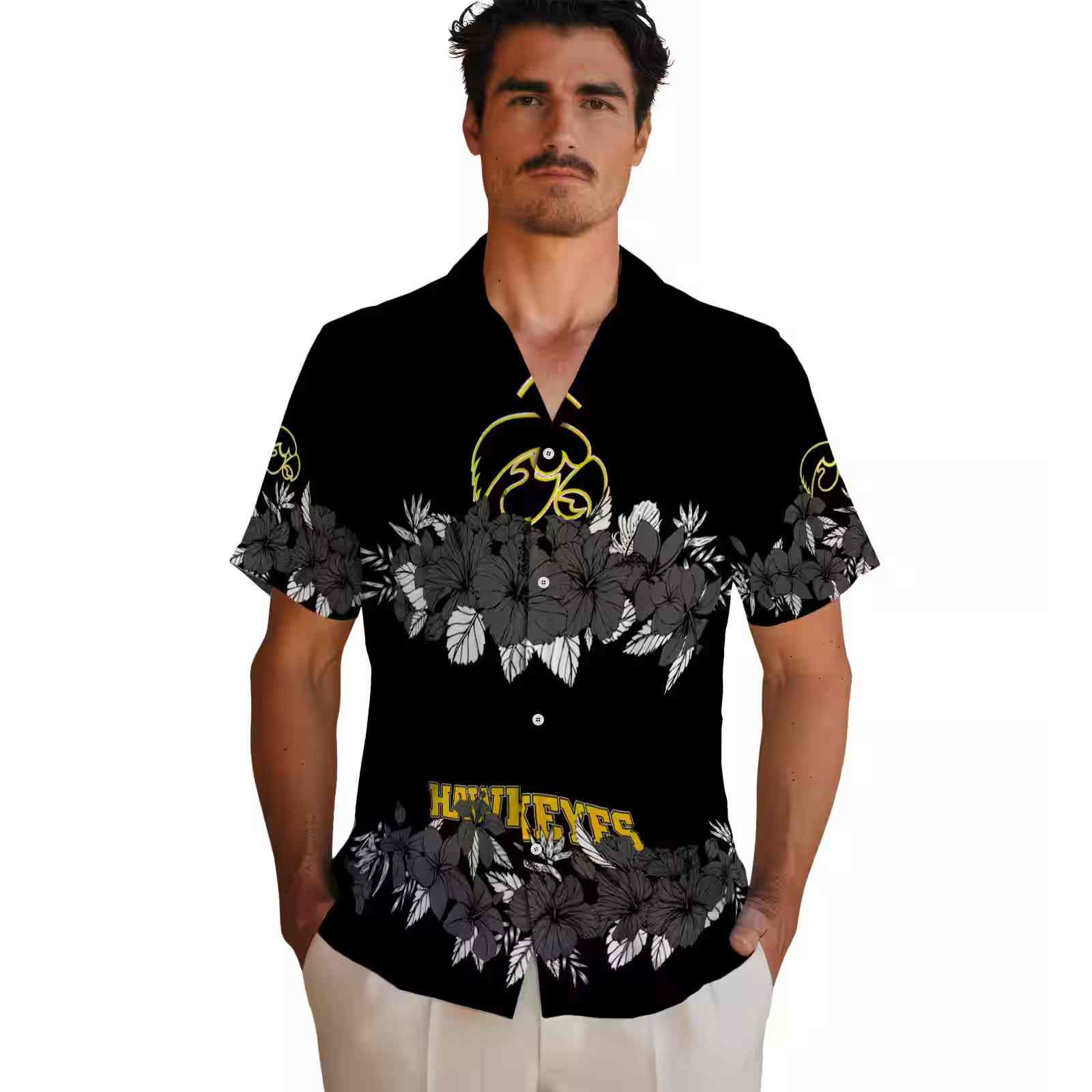 iowa hawkeyes hibiscus stripe black hawaiian shirt fashion forward