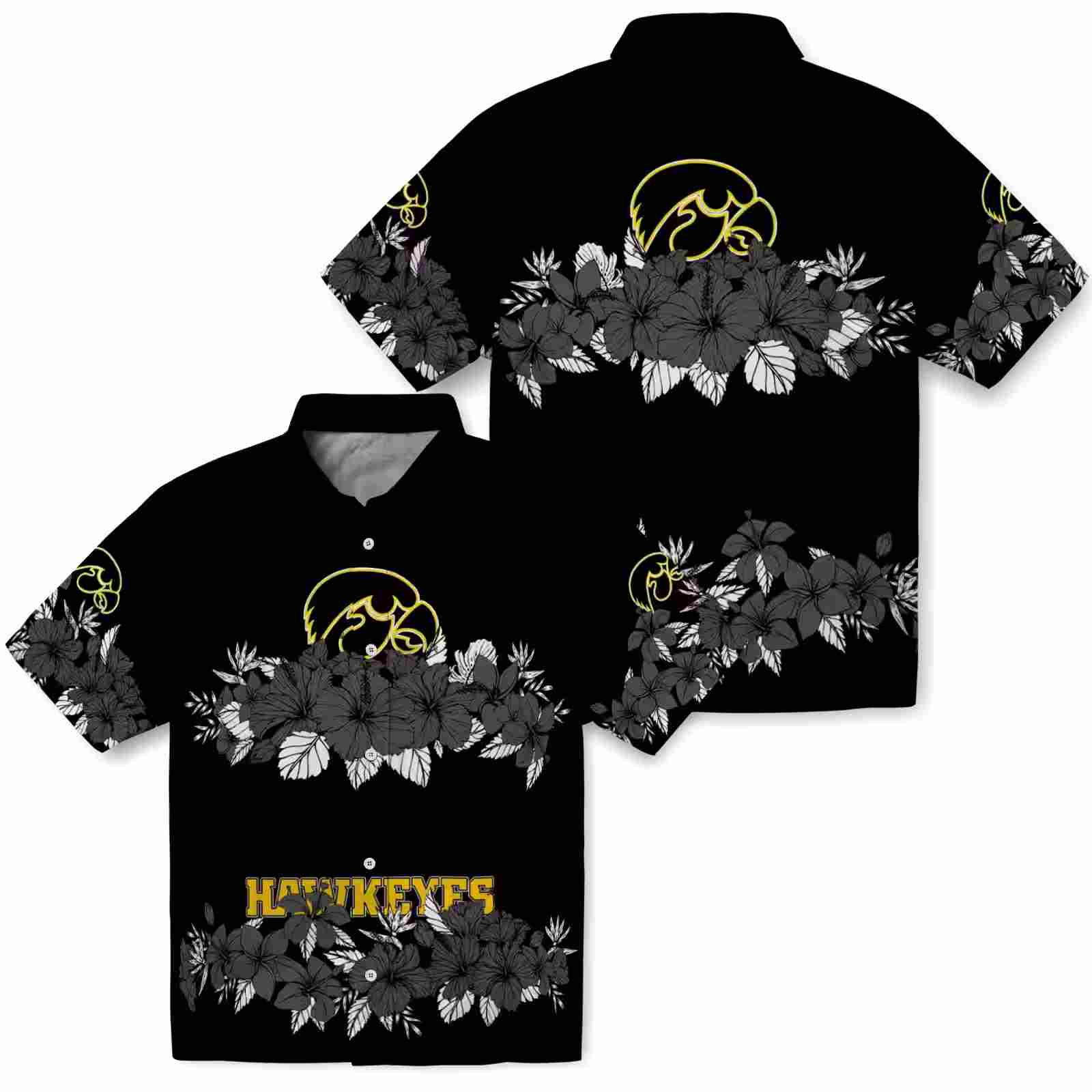 iowa hawkeyes hibiscus stripe black hawaiian shirt high quality