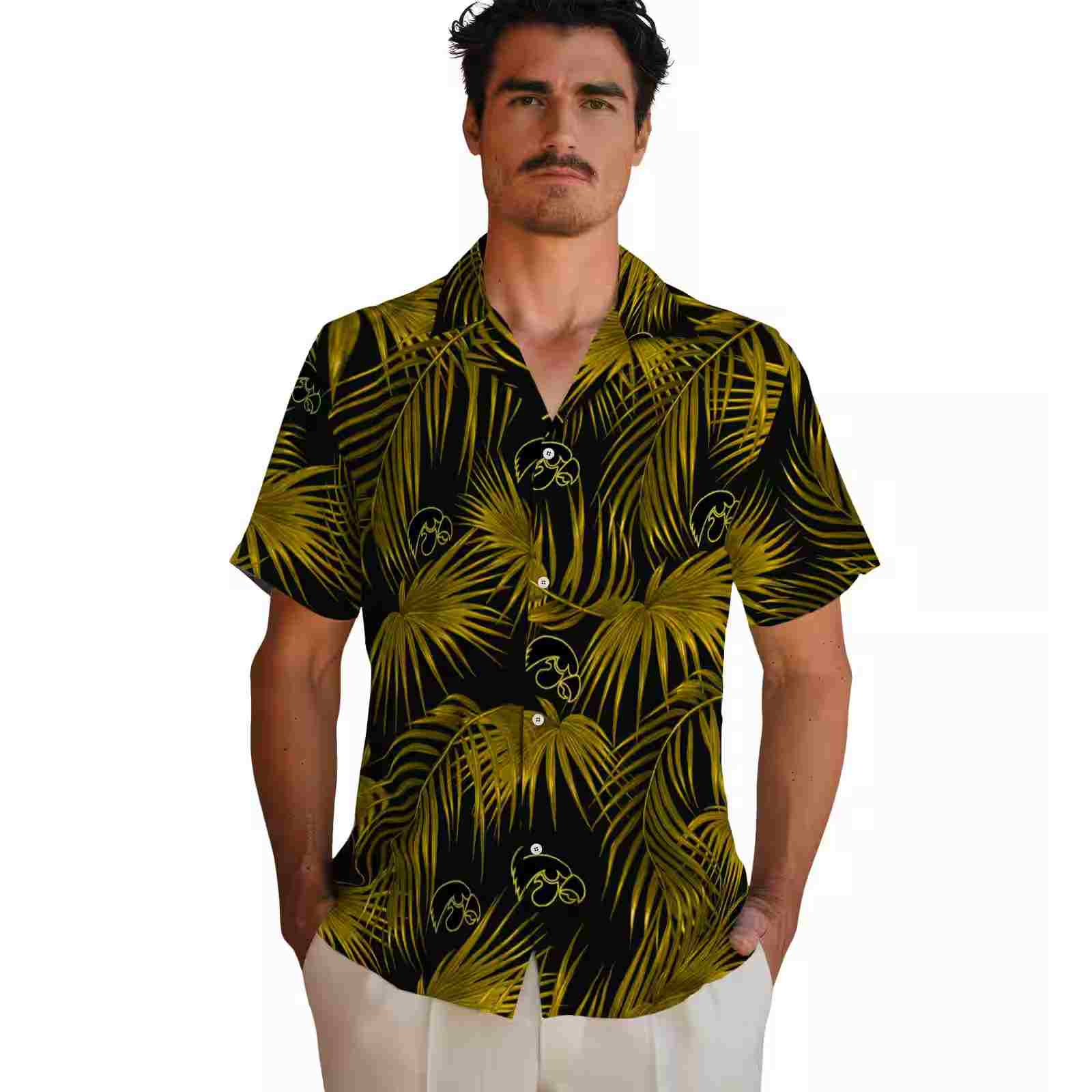 iowa hawkeyes leafy palms black hawaiian shirt fashion forward