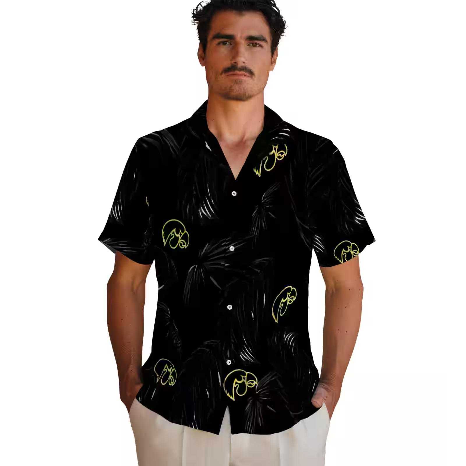 iowa hawkeyes palm leaf black hawaiian shirt fashion forward