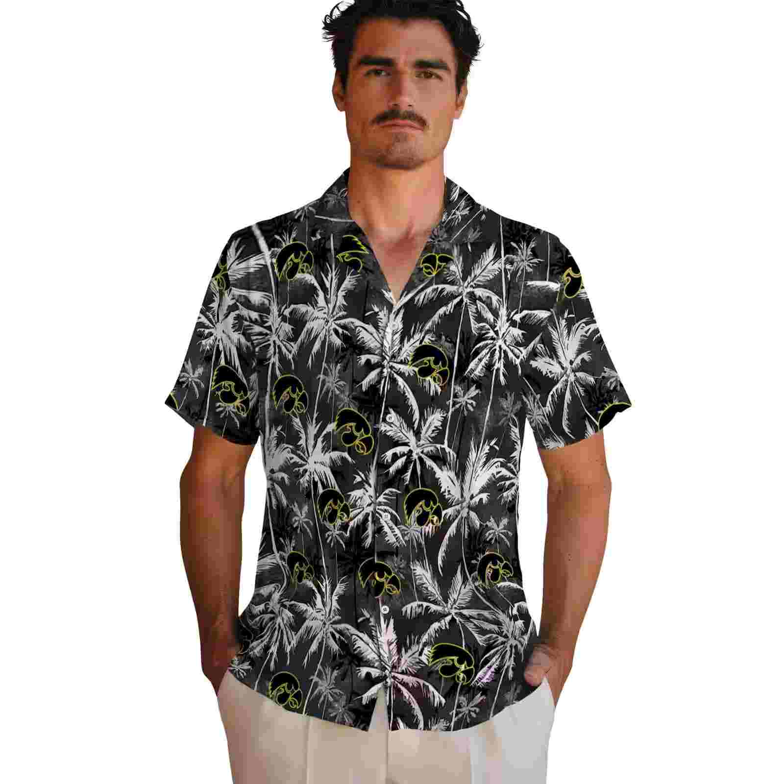 iowa hawkeyes palm pattern black hawaiian shirt fashion forward