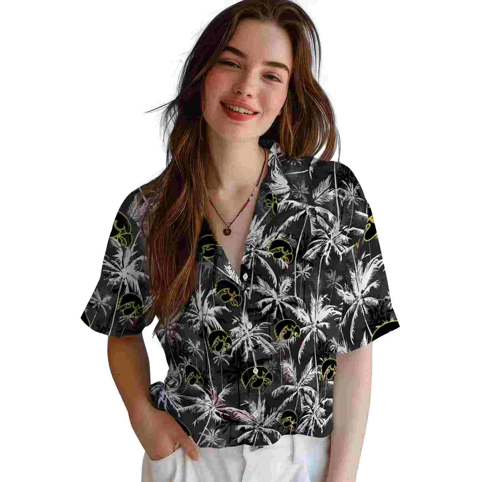 iowa hawkeyes palm pattern black hawaiian shirt latest model