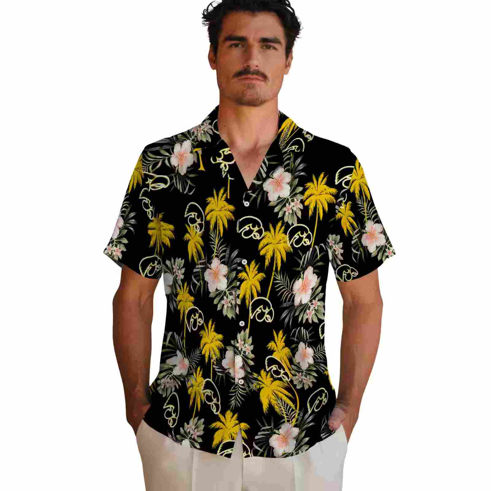 iowa hawkeyes palm tree flower black hawaiian shirt fashion forward