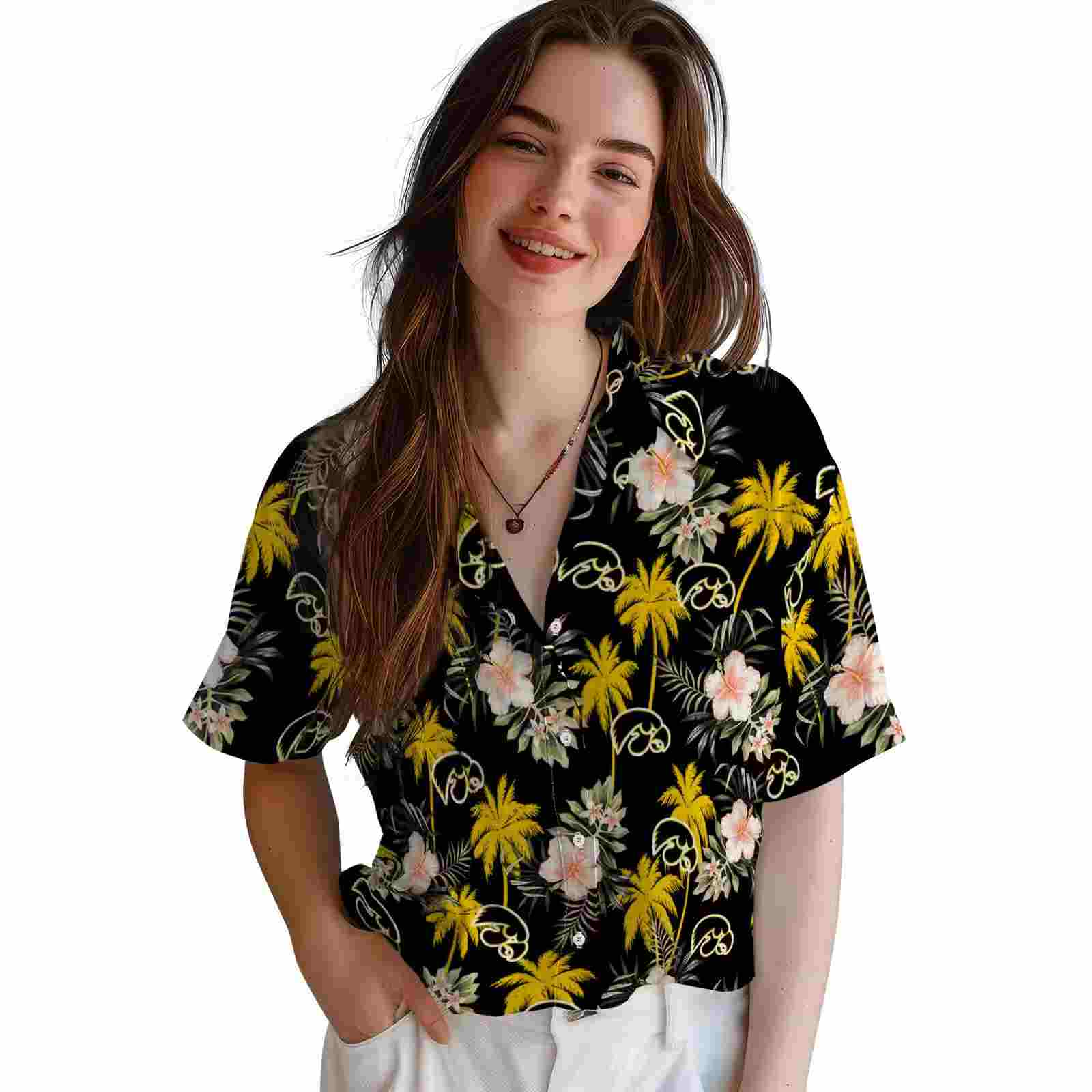 iowa hawkeyes palm tree flower black hawaiian shirt latest model