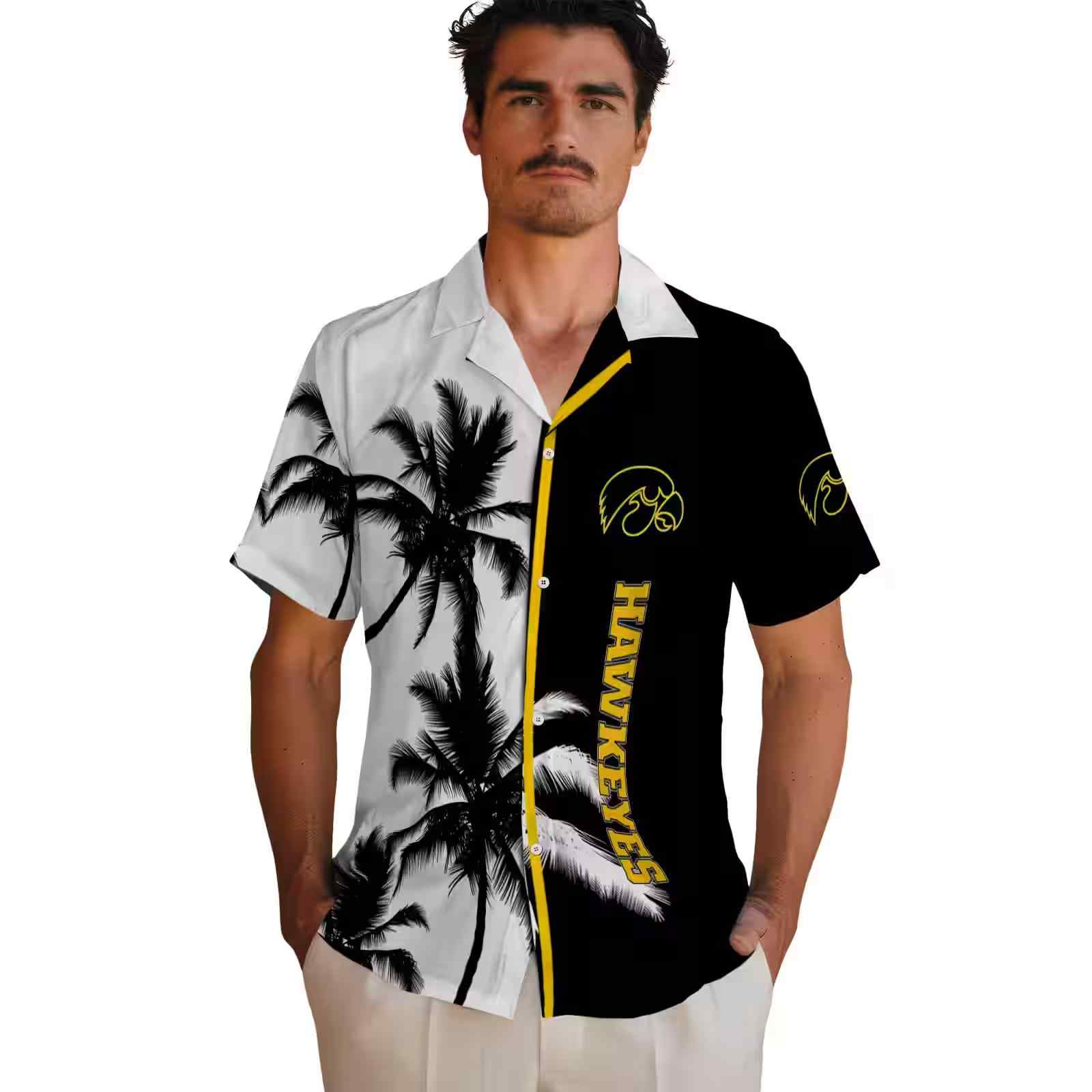 iowa hawkeyes palm trees black white hawaiian shirt fashion forward