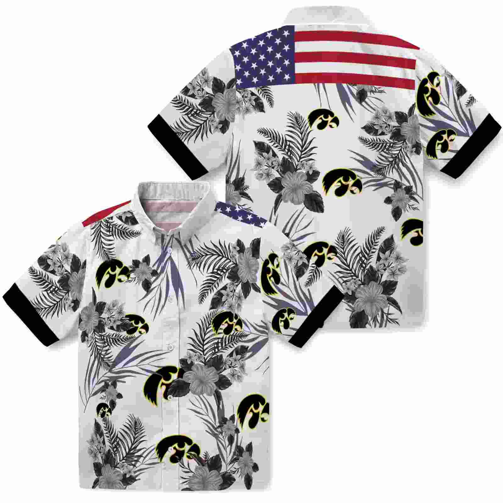 iowa hawkeyes patriotic hibiscus design black white hawaiian shirt high quality