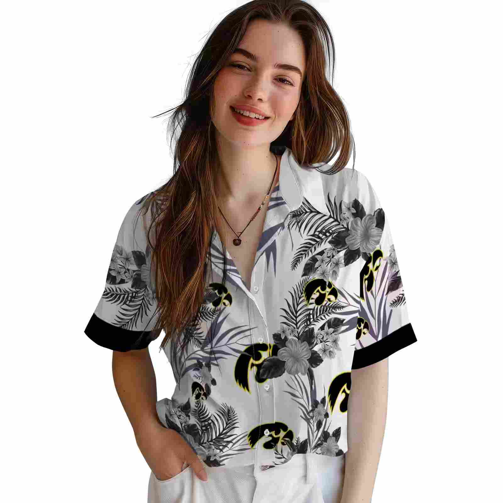 iowa hawkeyes patriotic hibiscus design black white hawaiian shirt latest model