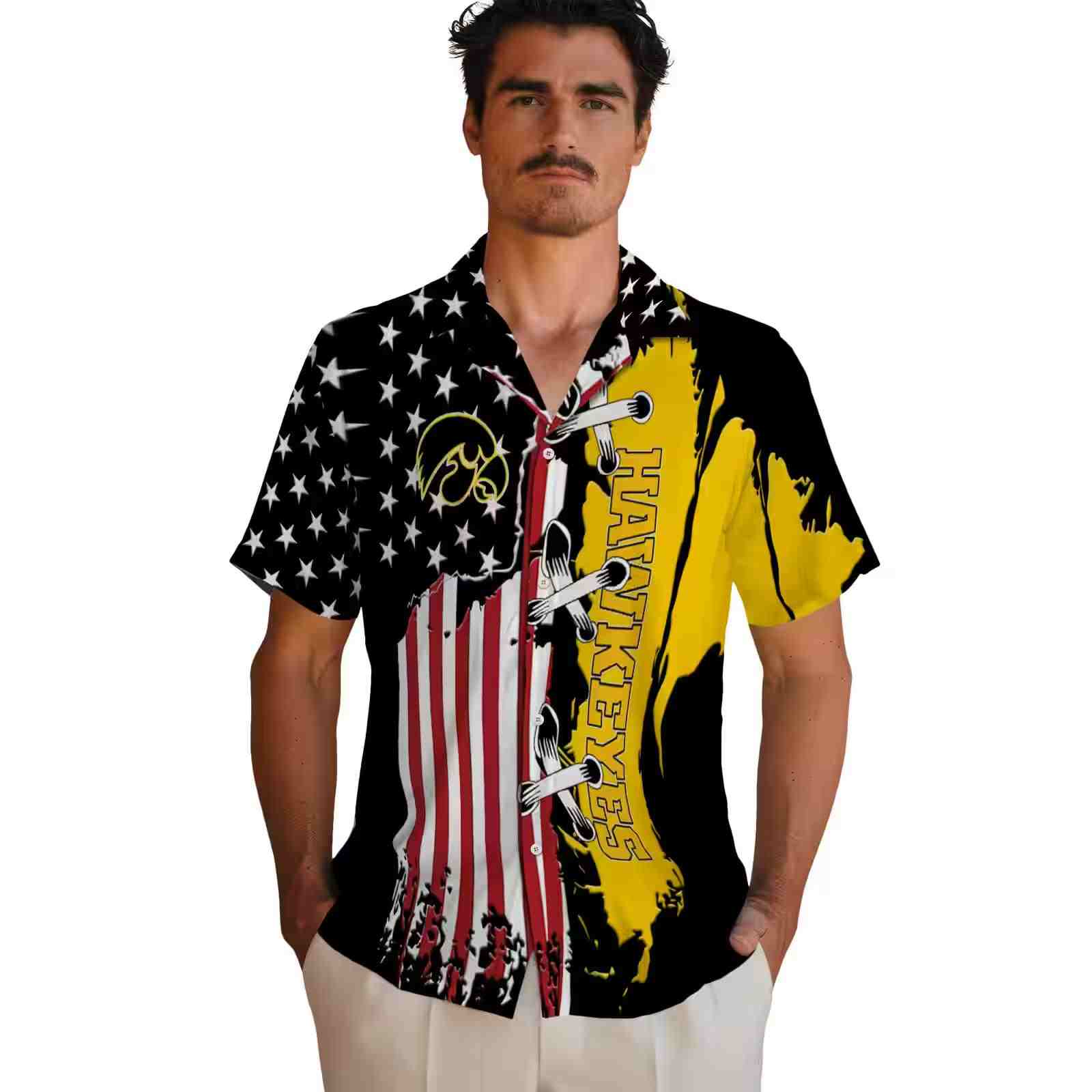 iowa hawkeyes stitched flag black hawaiian shirt fashion forward