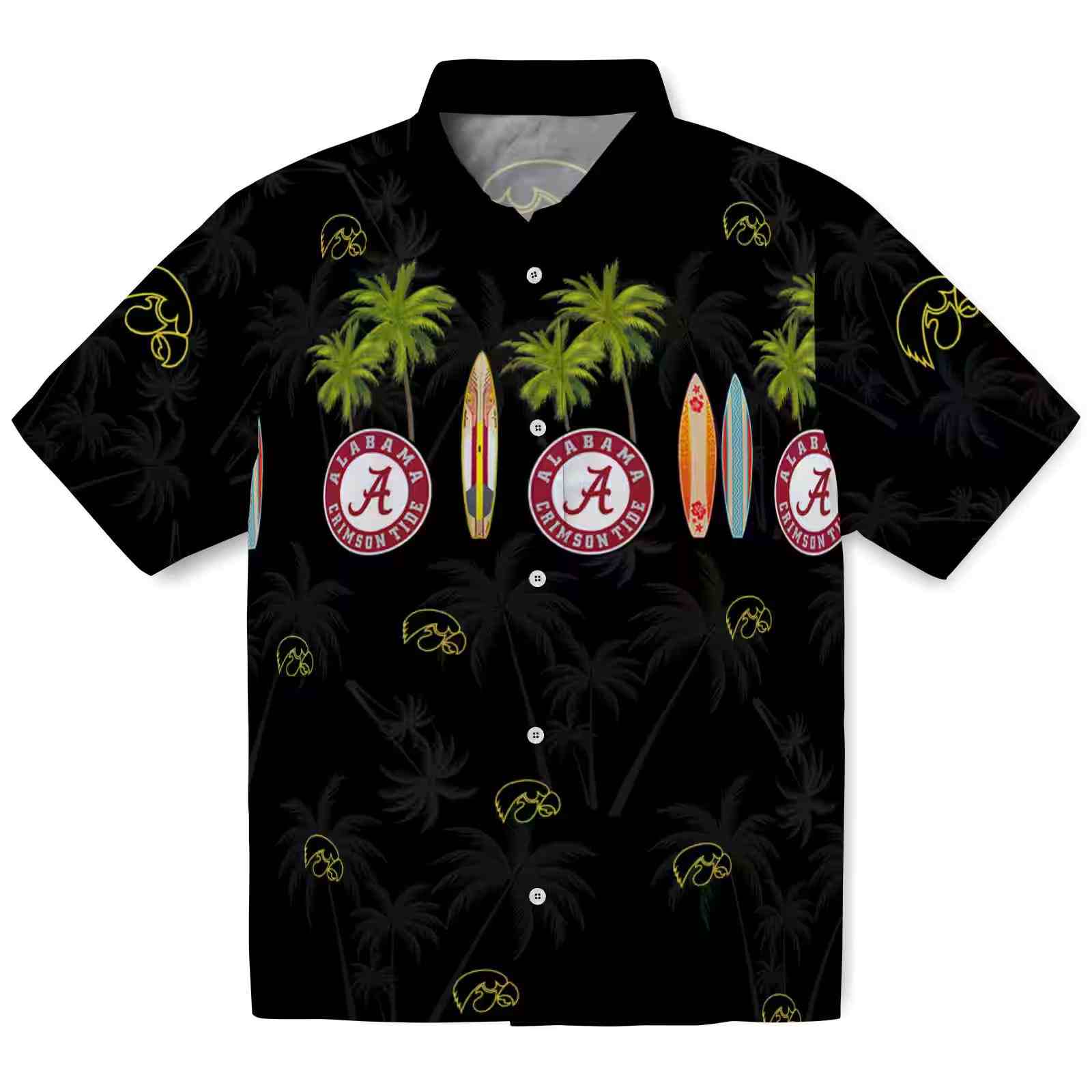 Iowa Hawkeyes Surfboard Palm Black Hawaiian Shirt