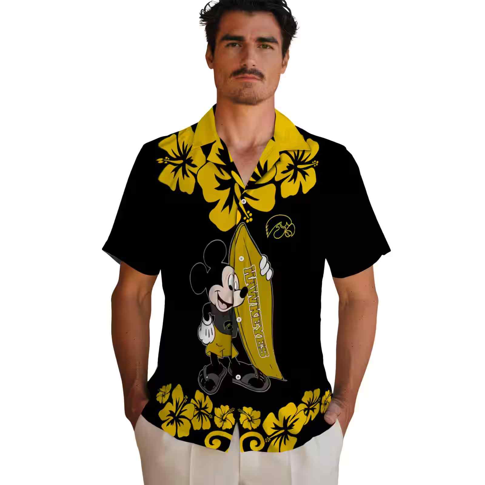 iowa hawkeyes surfing mickey black hawaiian shirt fashion forward