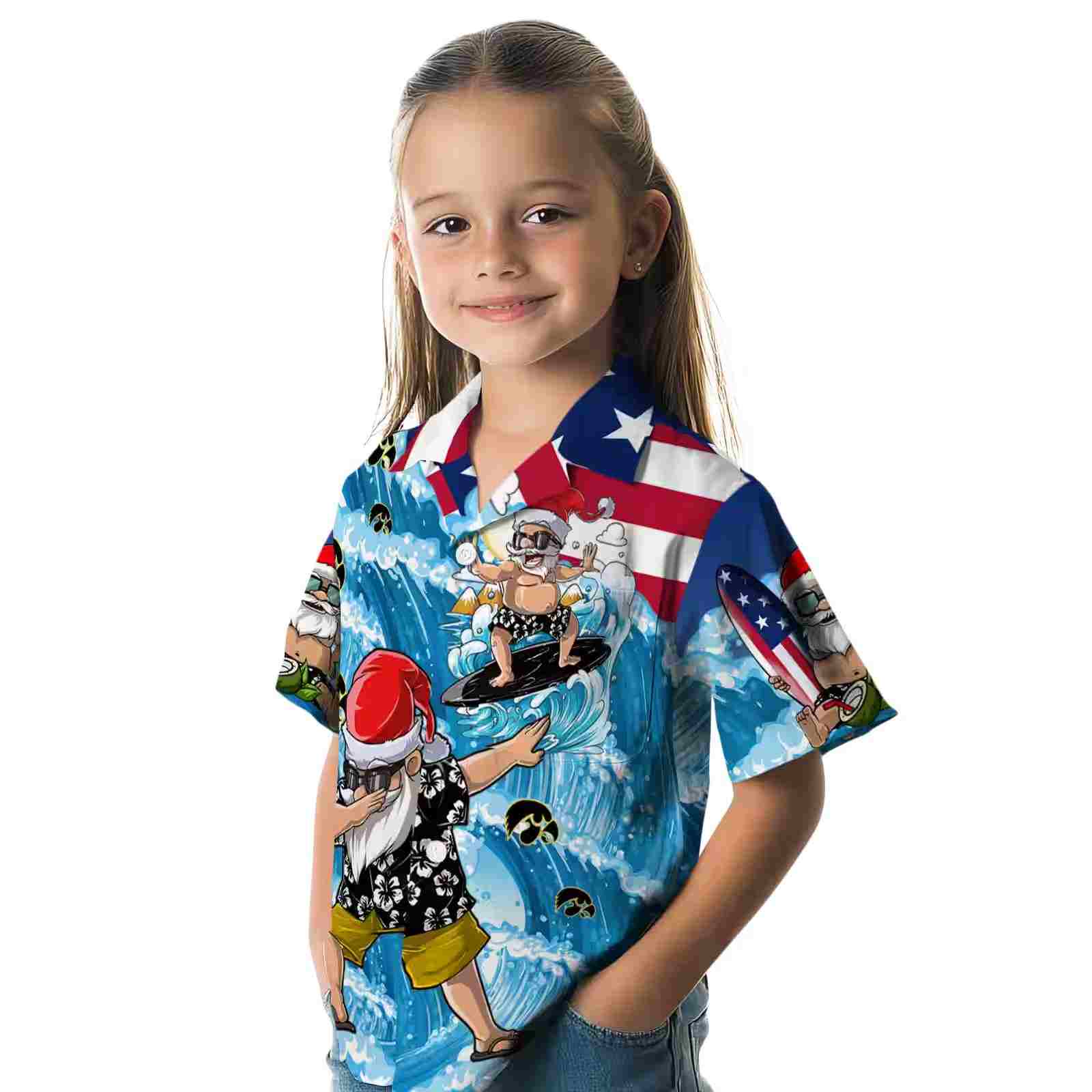 iowa hawkeyes surfing santa blue hawaiian shirt premium grade