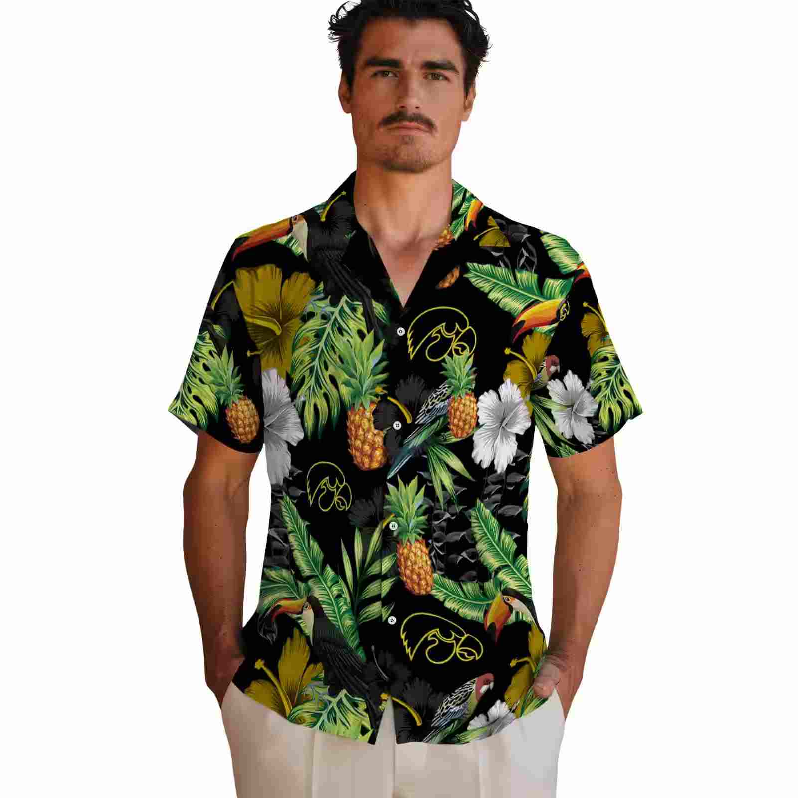 iowa hawkeyes toucan hibiscus pineapple black green hawaiian shirt fashion forward