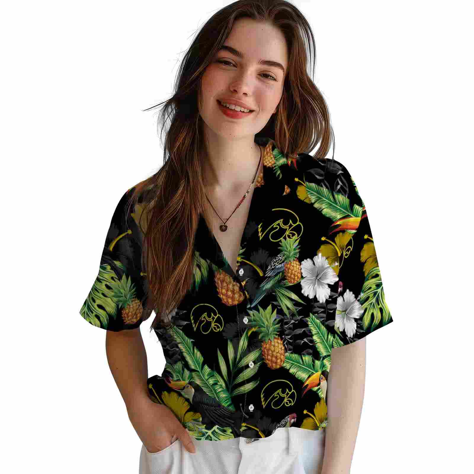 iowa hawkeyes toucan hibiscus pineapple black green hawaiian shirt latest model