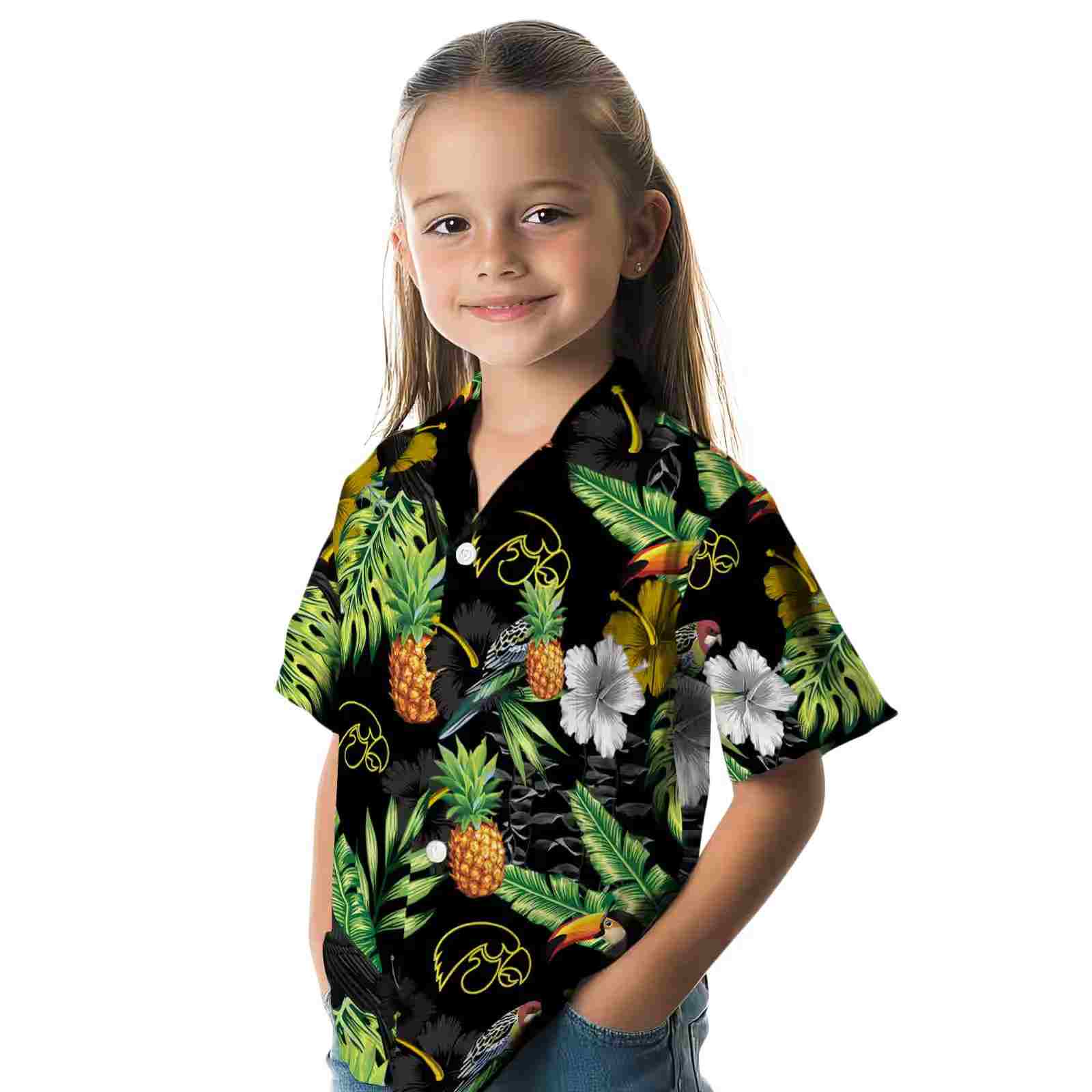 iowa hawkeyes toucan hibiscus pineapple black green hawaiian shirt premium grade