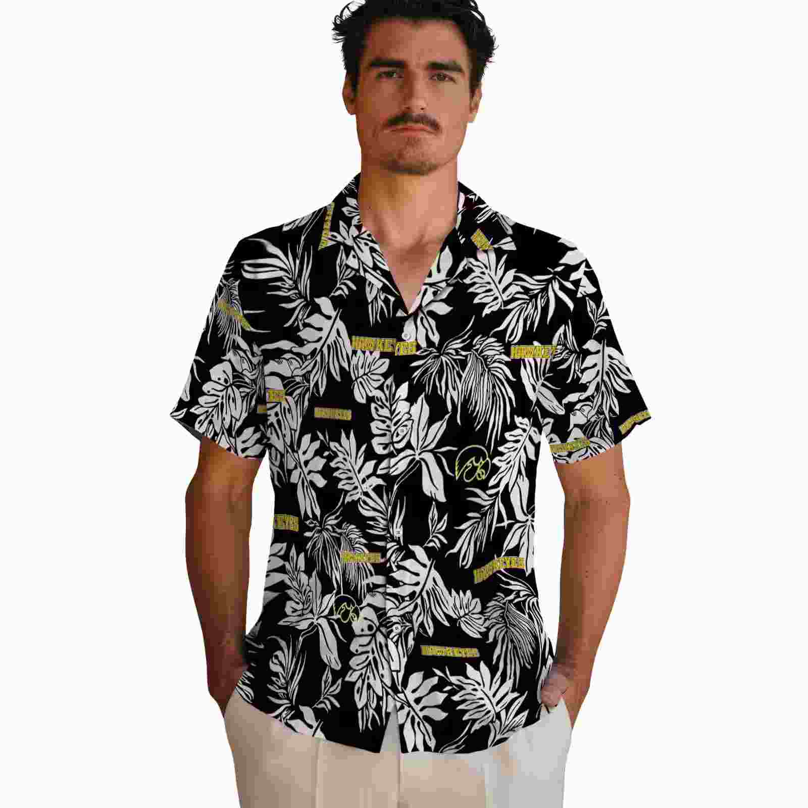 iowa hawkeyes tropical leaf black white hawaiian shirt fashion forward