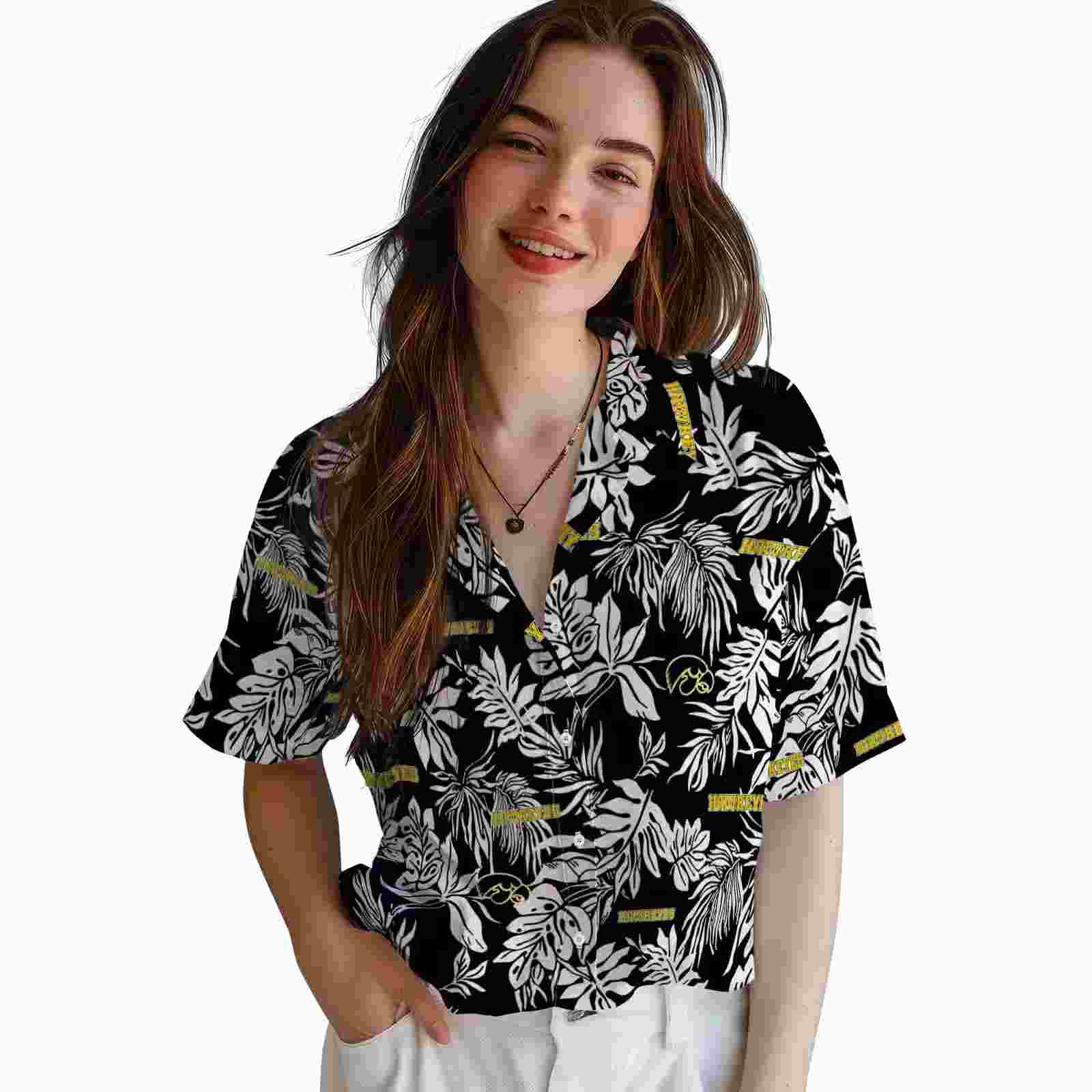 iowa hawkeyes tropical leaf black white hawaiian shirt latest model