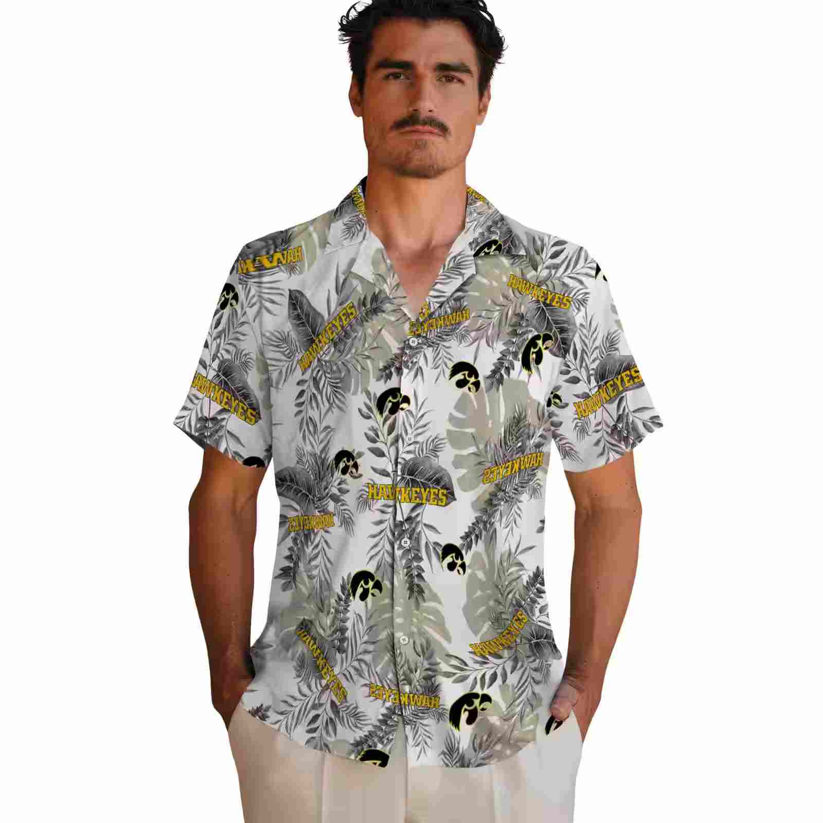 iowa hawkeyes tropical leaves black white hawaiian shirt fashion forward