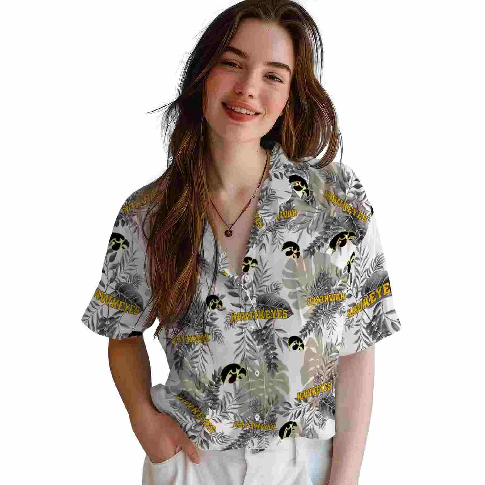 iowa hawkeyes tropical leaves black white hawaiian shirt latest model