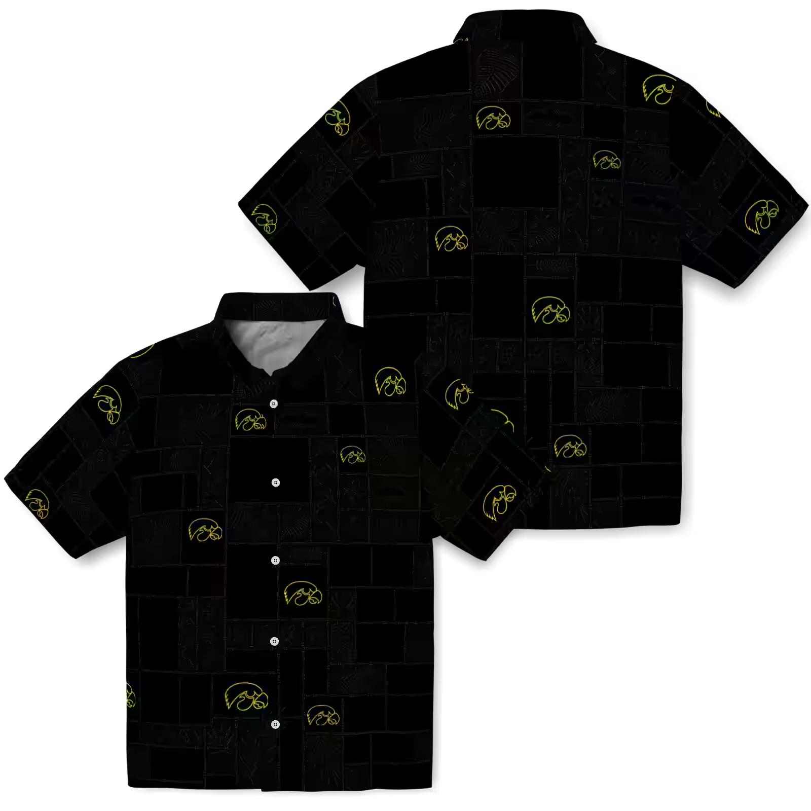 iowa hawkeyes tropical patchwork black hawaiian shirt high quality