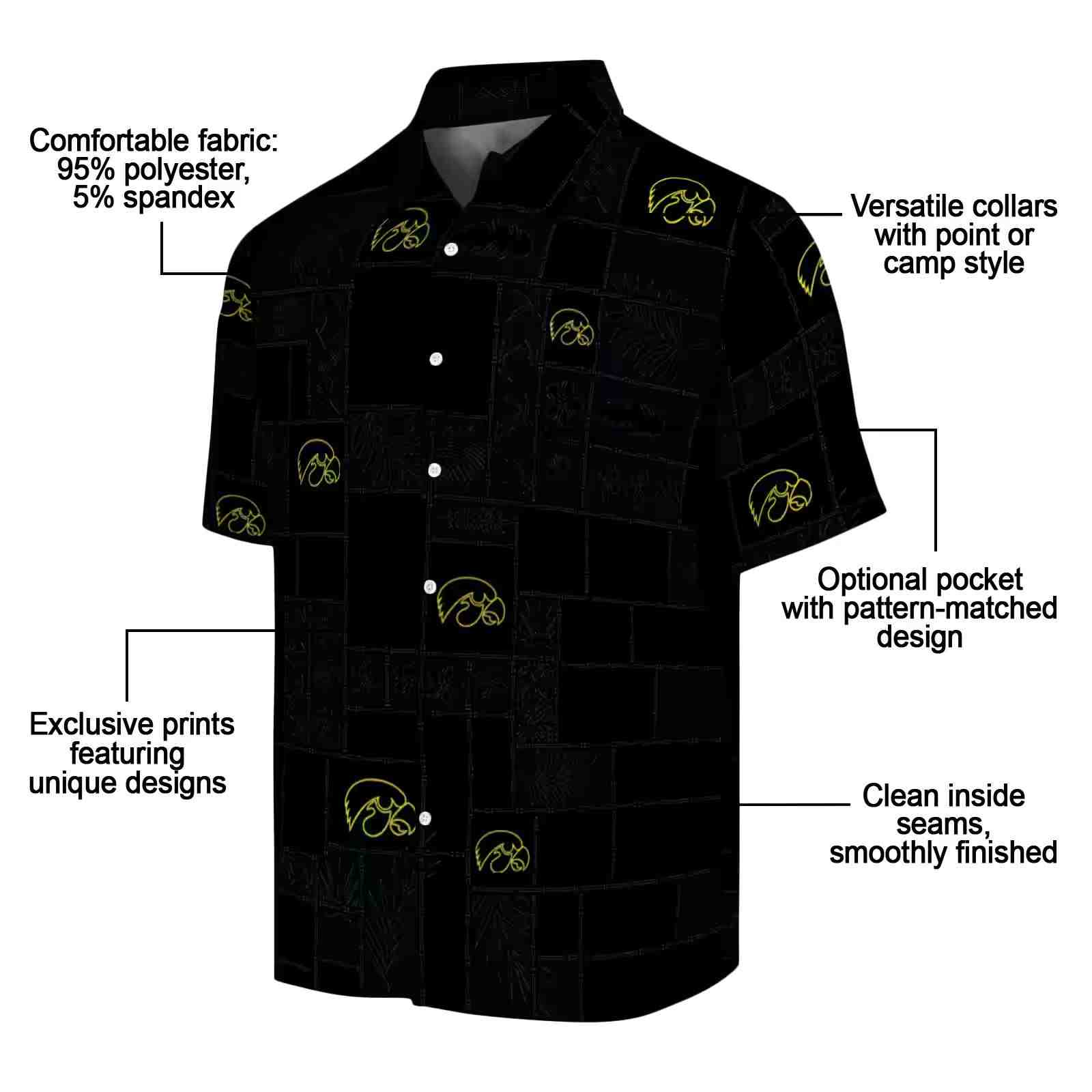 iowa hawkeyes tropical patchwork black hawaiian shirt new arrival