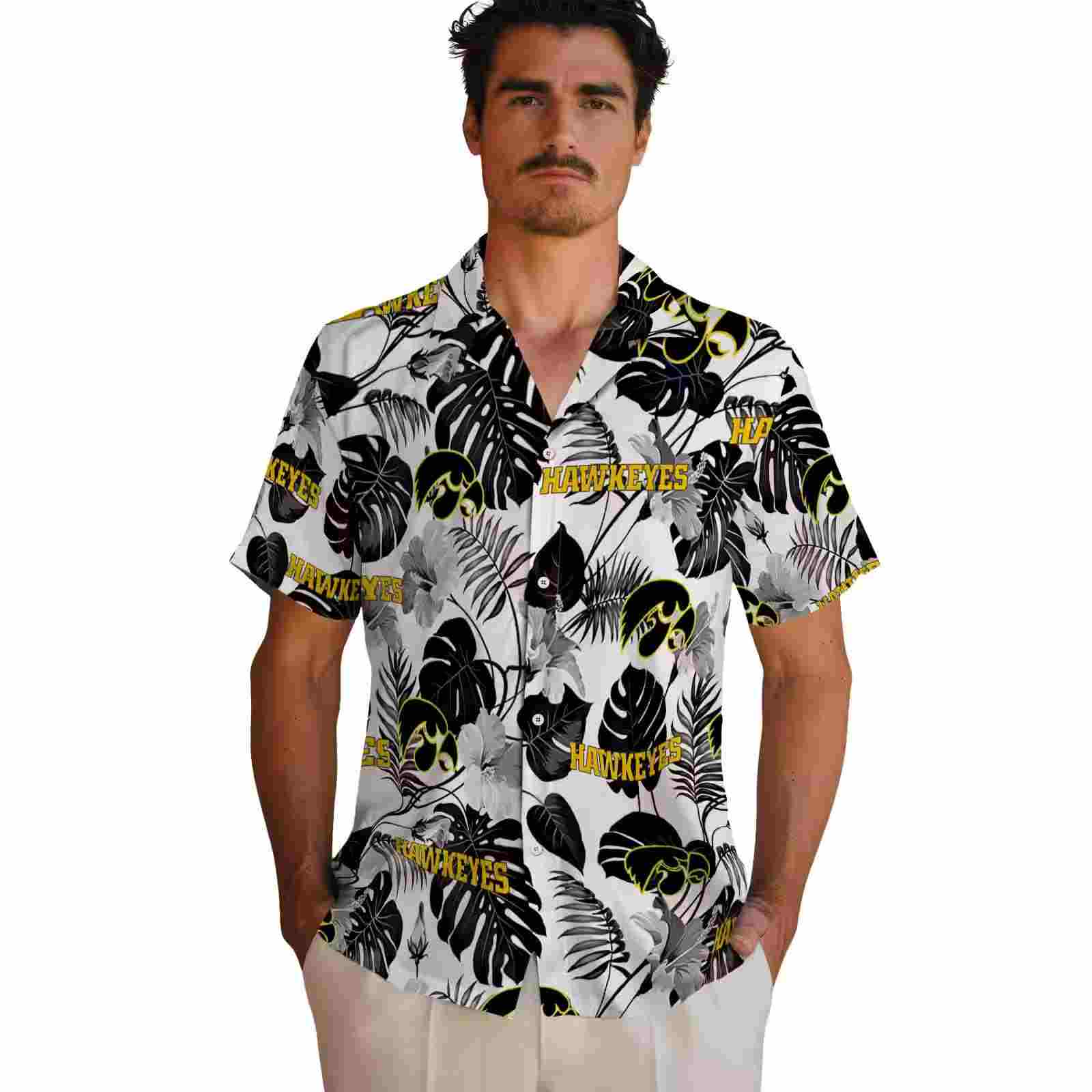 iowa hawkeyes tropical plants black white hawaiian shirt fashion forward