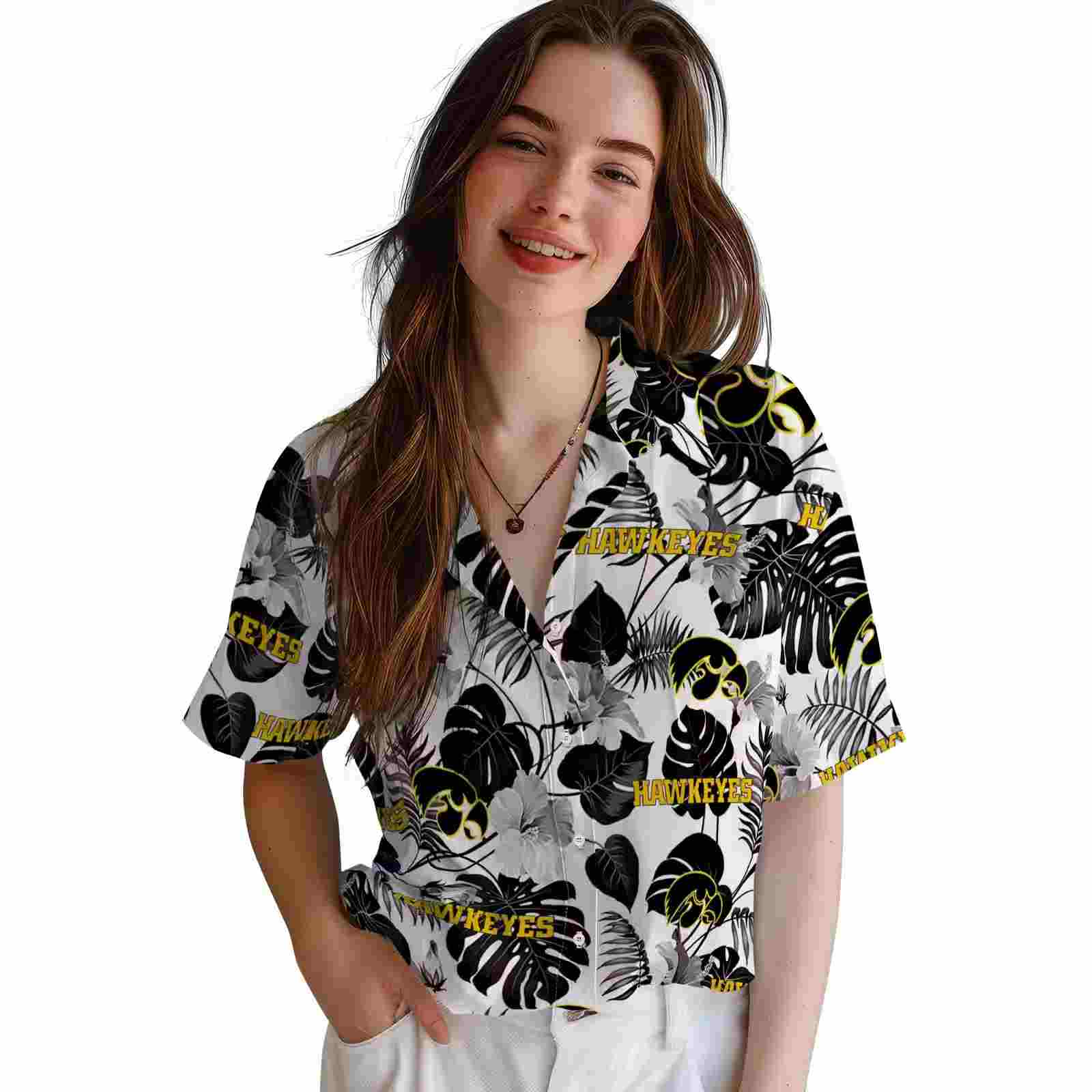 iowa hawkeyes tropical plants black white hawaiian shirt latest model