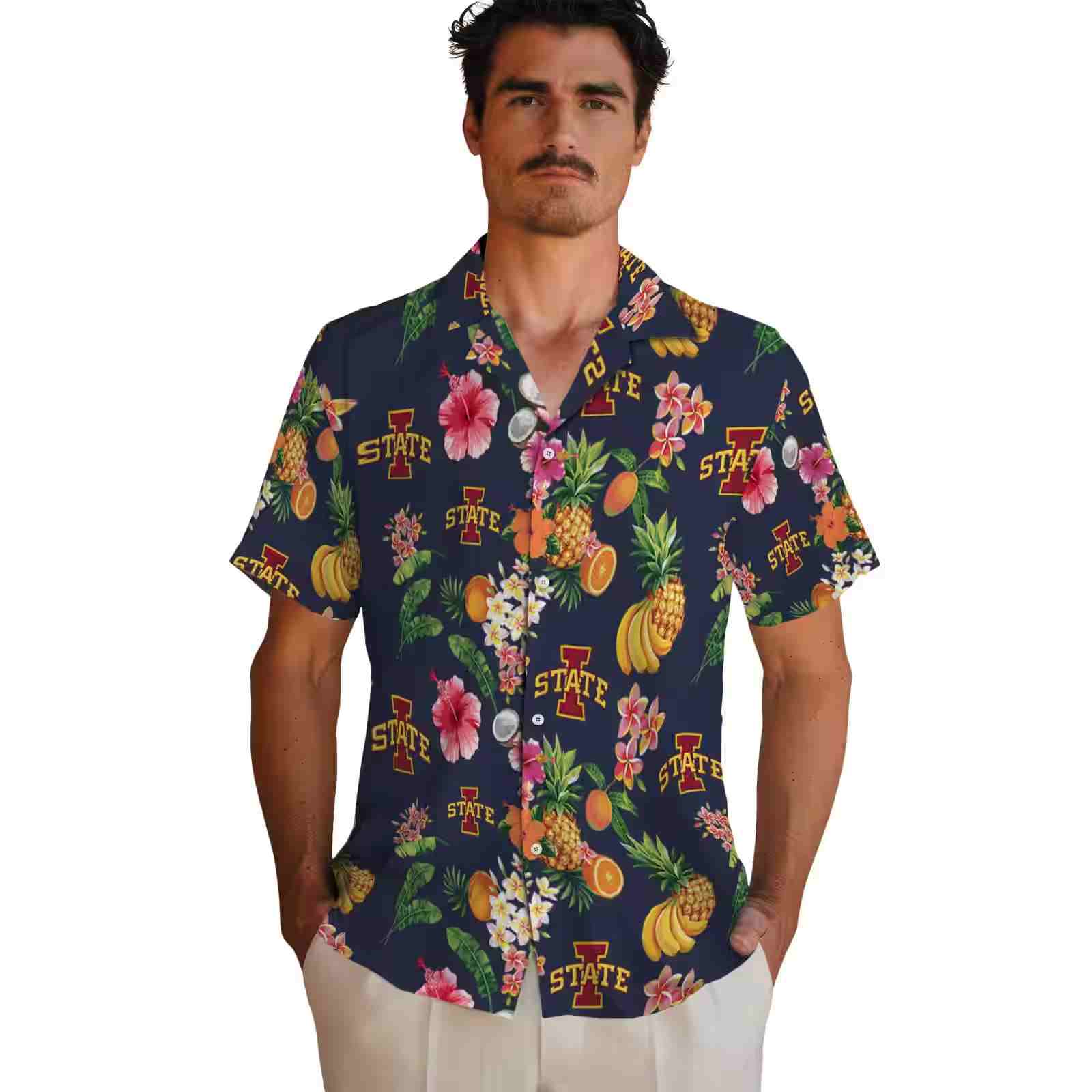 iowa state cyclones hibiscus and fruit navy blue hawaiian shirt fashion forward