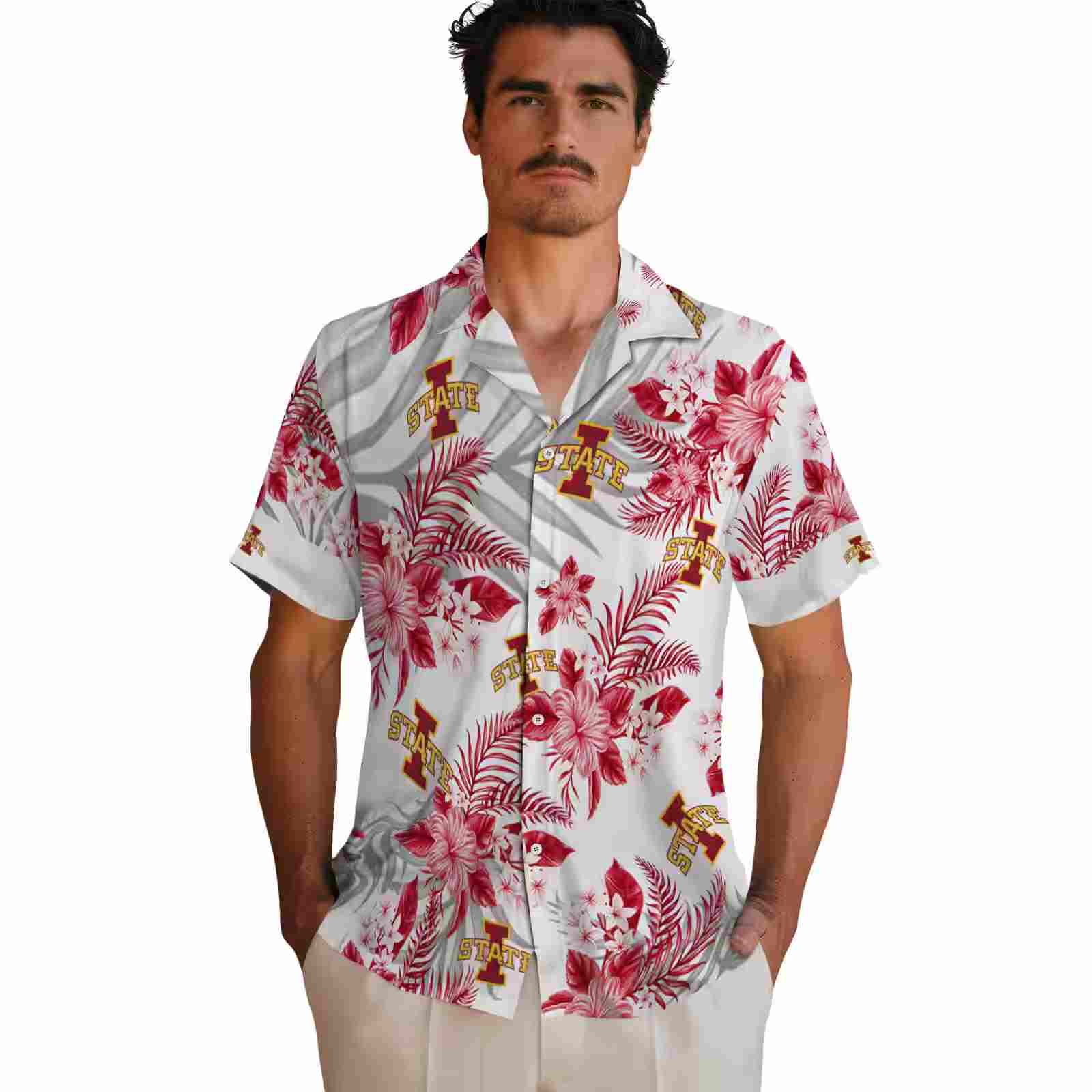 iowa state cyclones hibiscus palm leaves red white hawaiian shirt fashion forward