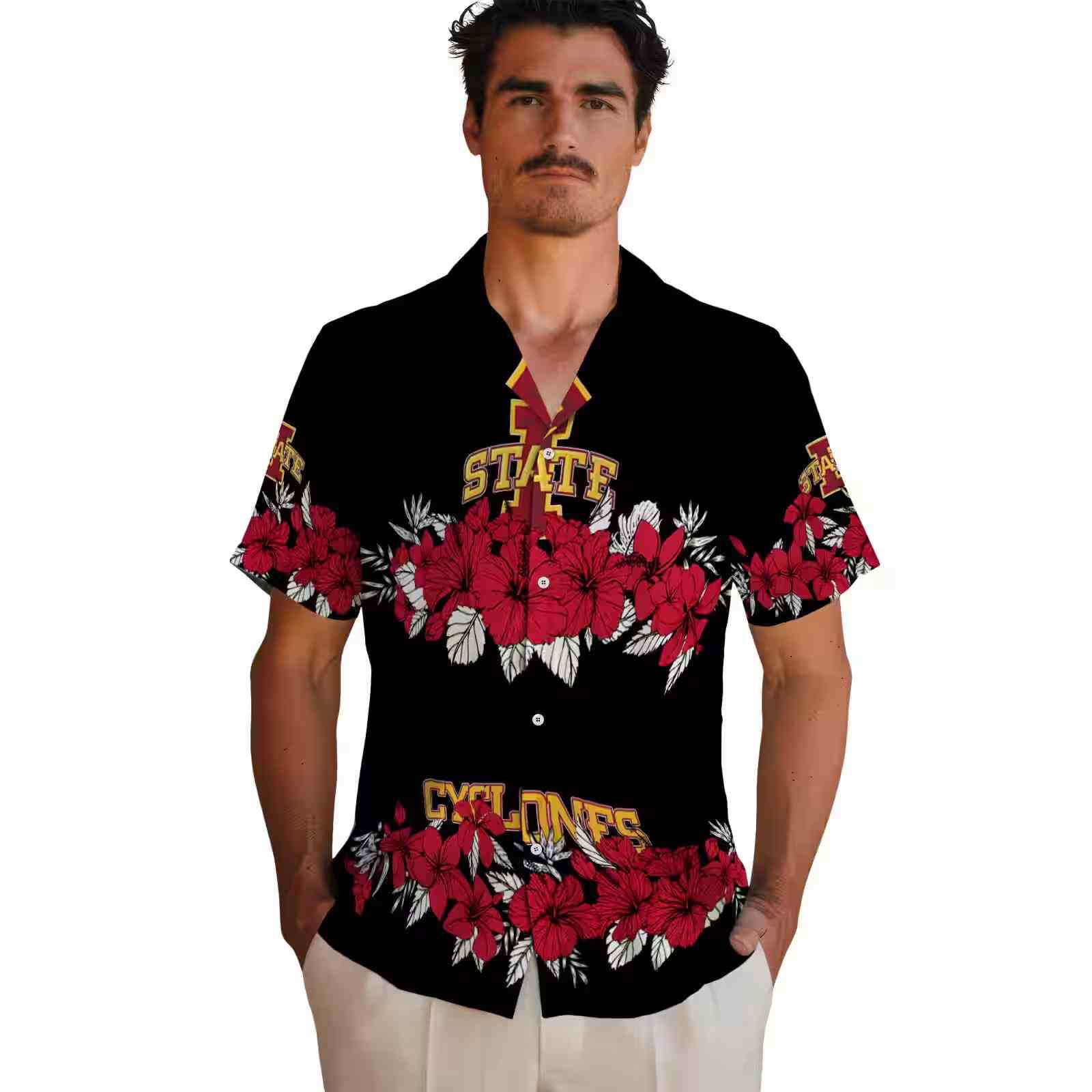 iowa state cyclones hibiscus stripe red black hawaiian shirt fashion forward