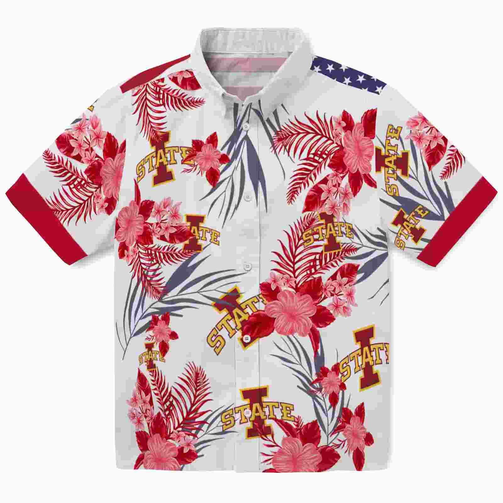 Iowa State Cyclones Patriotic Hibiscus Design Red White Hawaiian Shirt