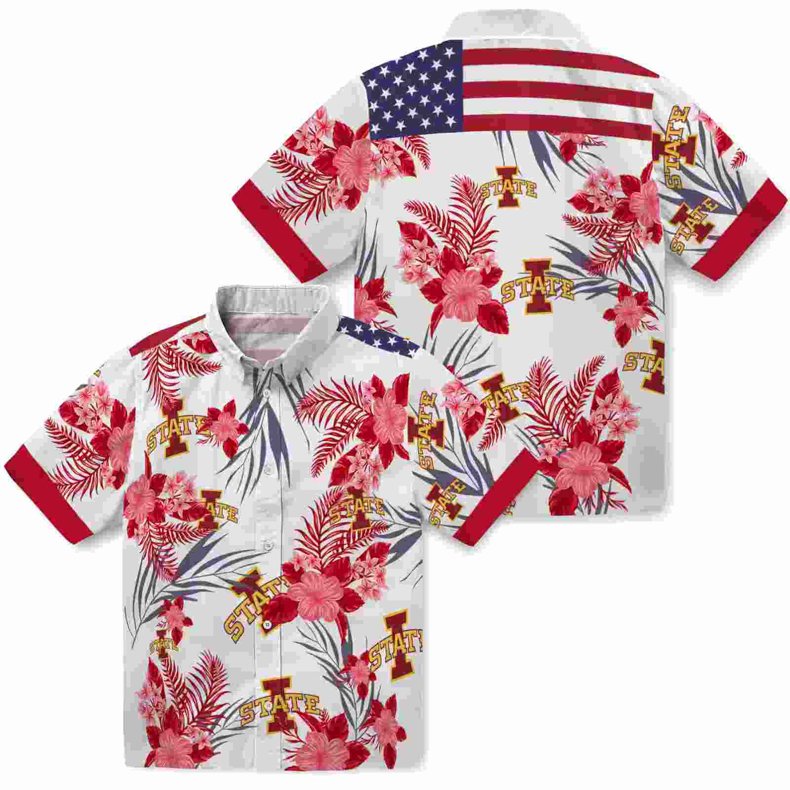 iowa state cyclones patriotic hibiscus design red white hawaiian shirt high quality