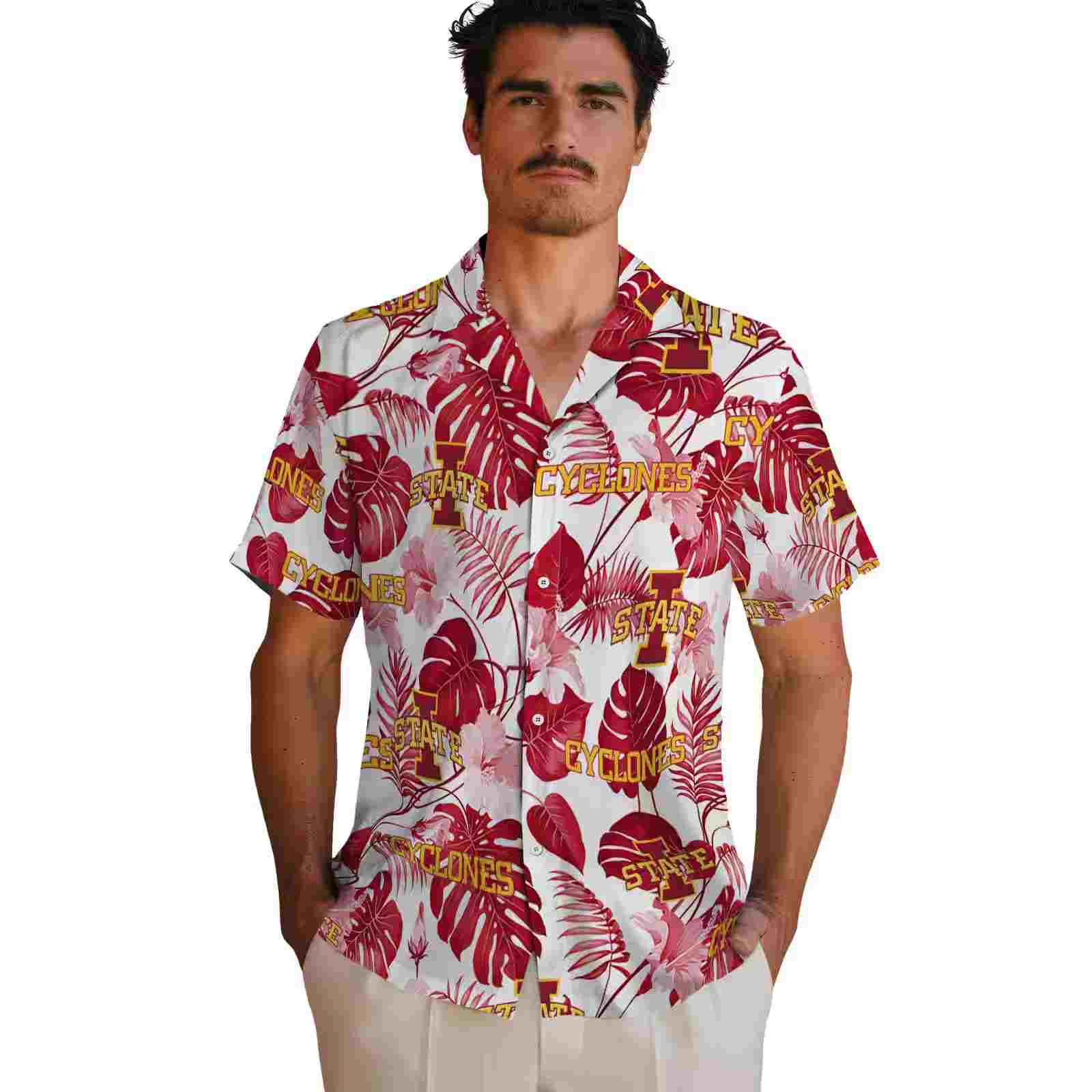 iowa state cyclones tropical plants red white hawaiian shirt fashion forward