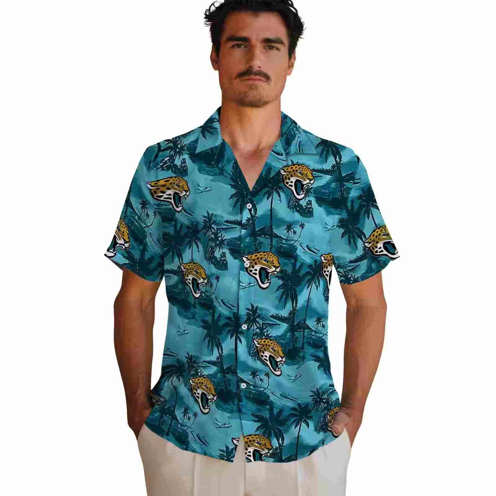 jacksonville jaguars coastal palms teal hawaiian shirt fashion forward