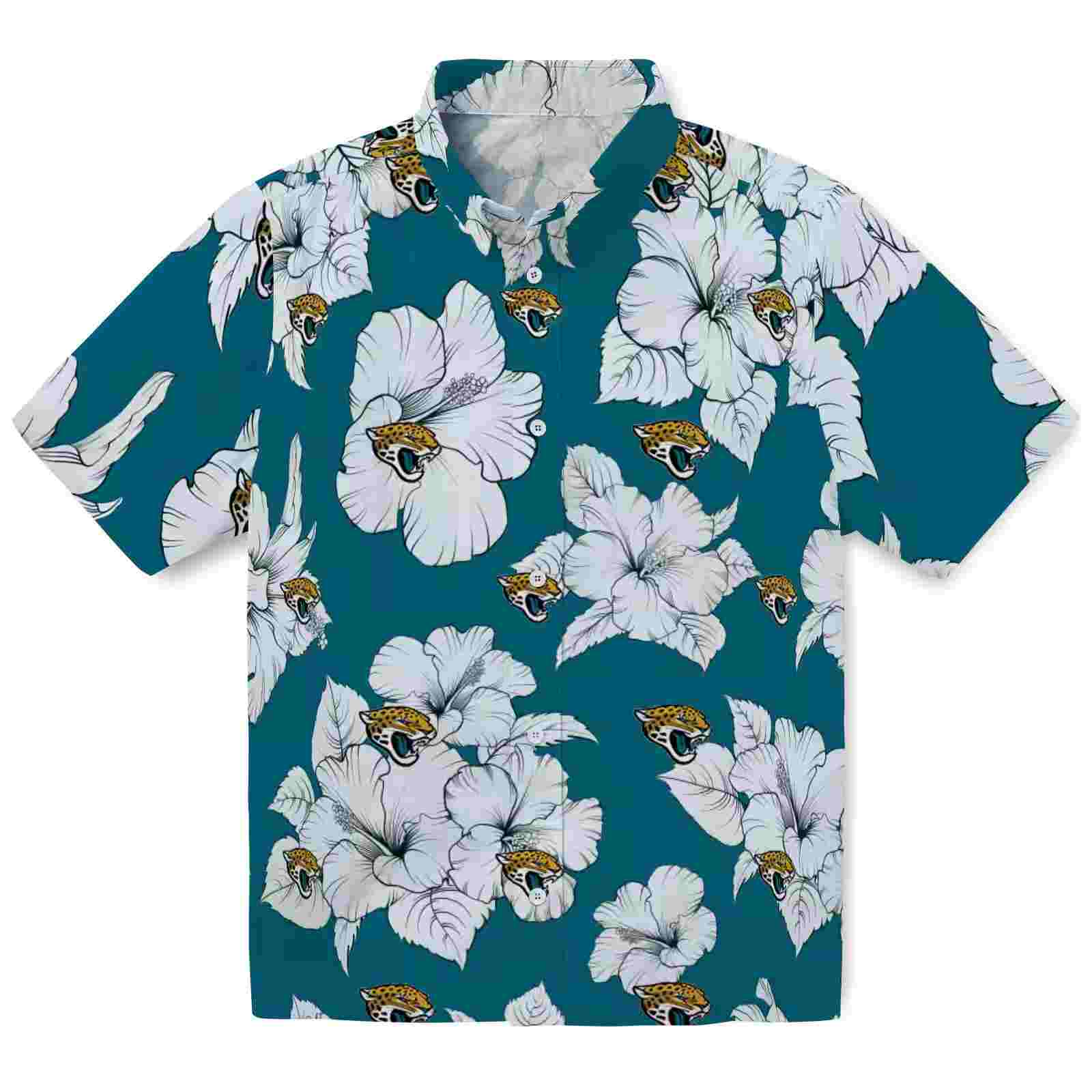 Jacksonville Jaguars Hibiscus Blooms Teal White Hawaiian Shirt