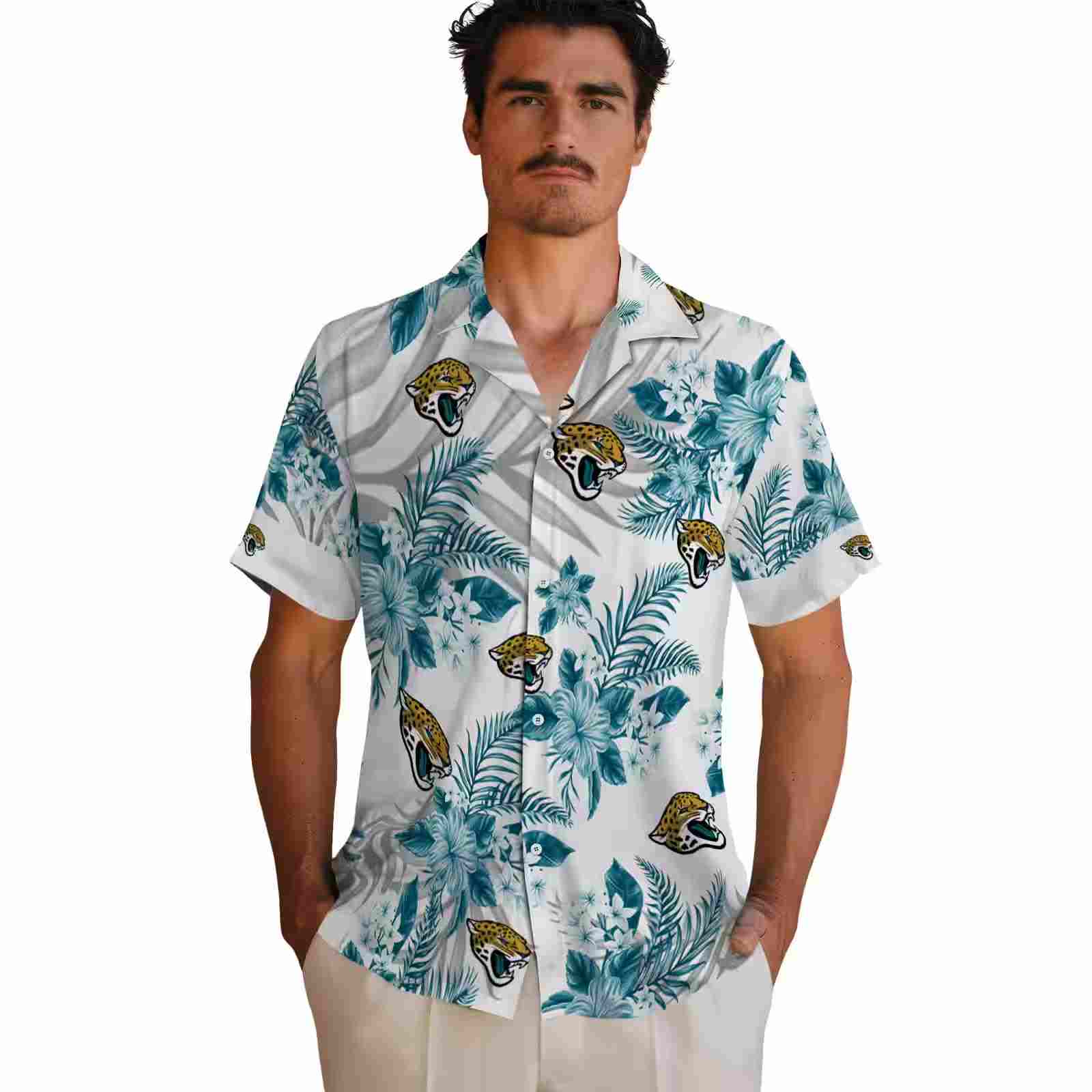 jacksonville jaguars hibiscus palm leaves teal white hawaiian shirt fashion forward