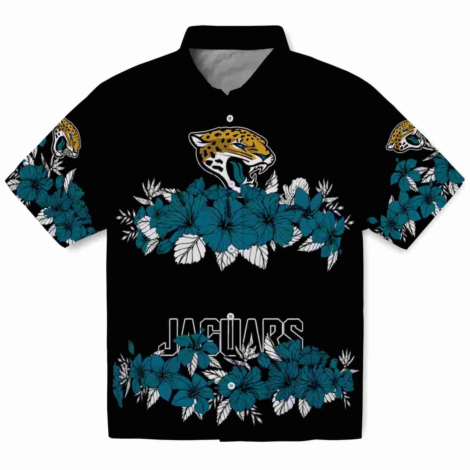 Jacksonville Jaguars Hibiscus Stripe Teal Black Hawaiian Shirt