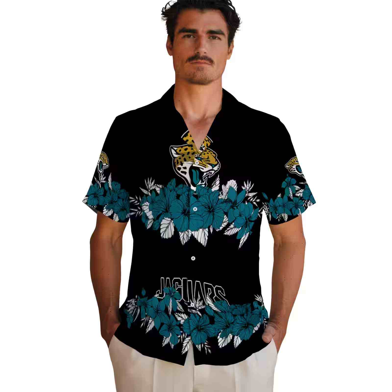 jacksonville jaguars hibiscus stripe teal black hawaiian shirt fashion forward