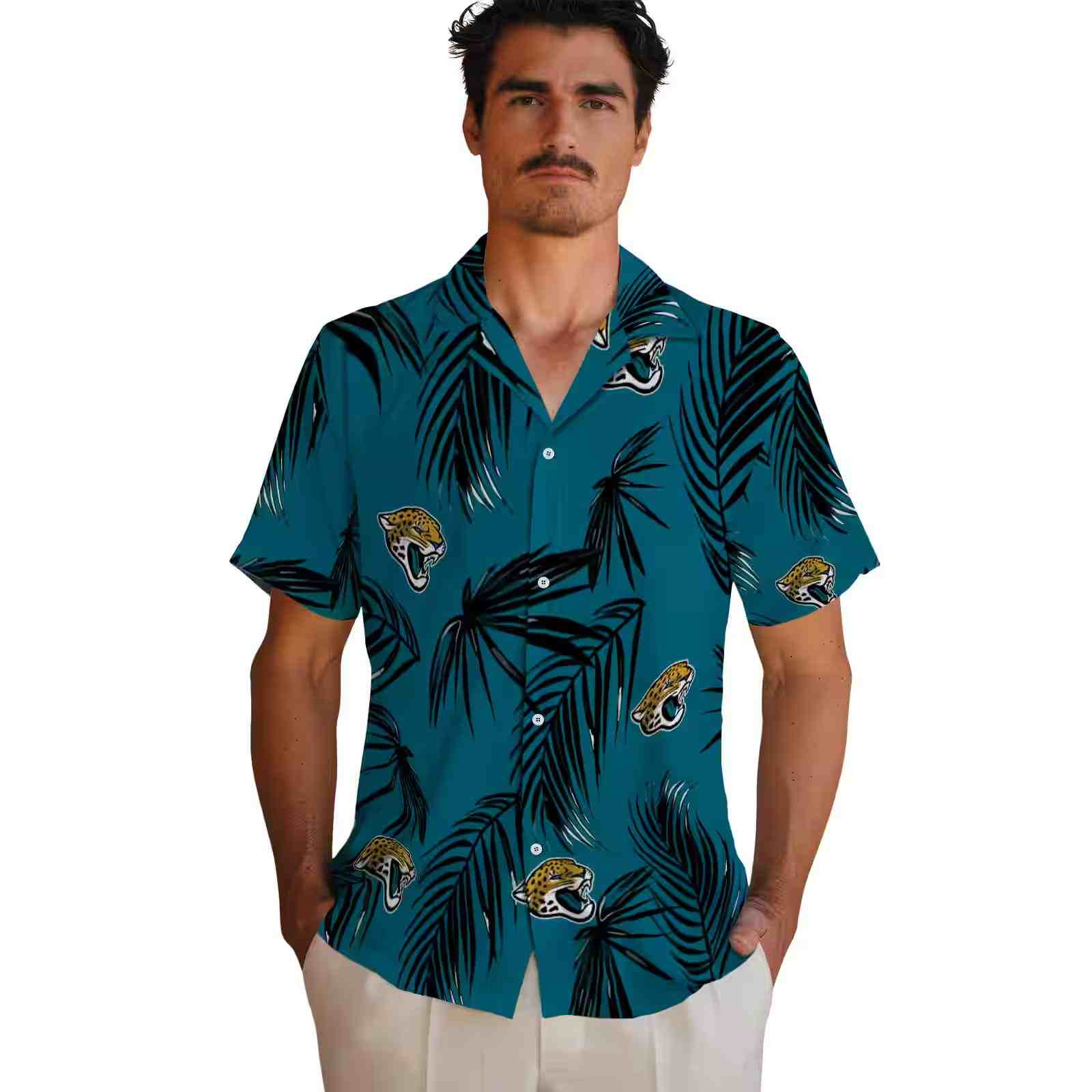 jacksonville jaguars palm leaf teal hawaiian shirt fashion forward