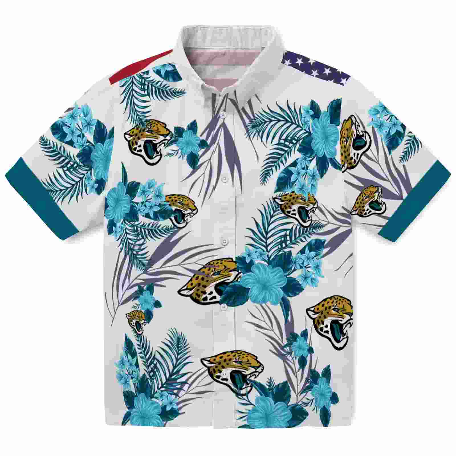 Jacksonville Jaguars Patriotic Hibiscus Design Teal White Hawaiian Shirt