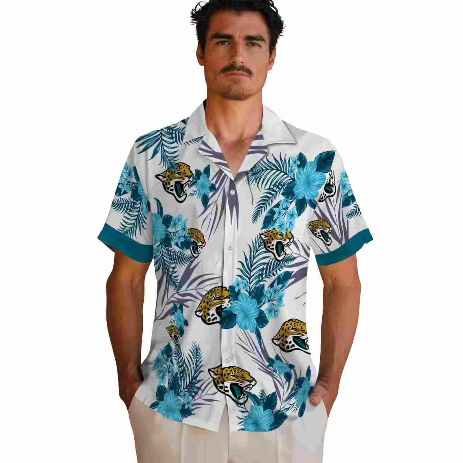 jacksonville jaguars patriotic hibiscus design teal white hawaiian shirt fashion forward