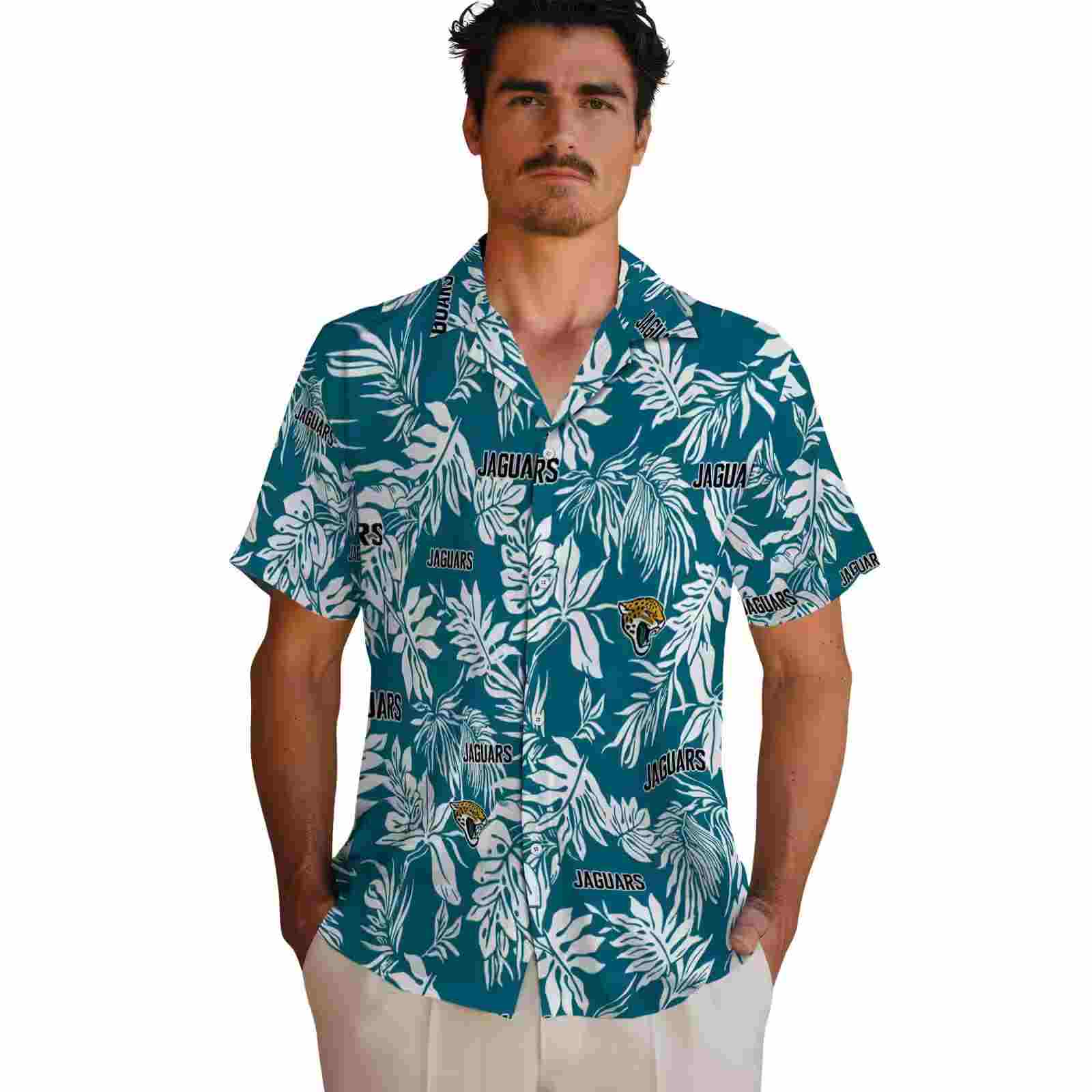 jacksonville jaguars tropical leaf teal white hawaiian shirt fashion forward