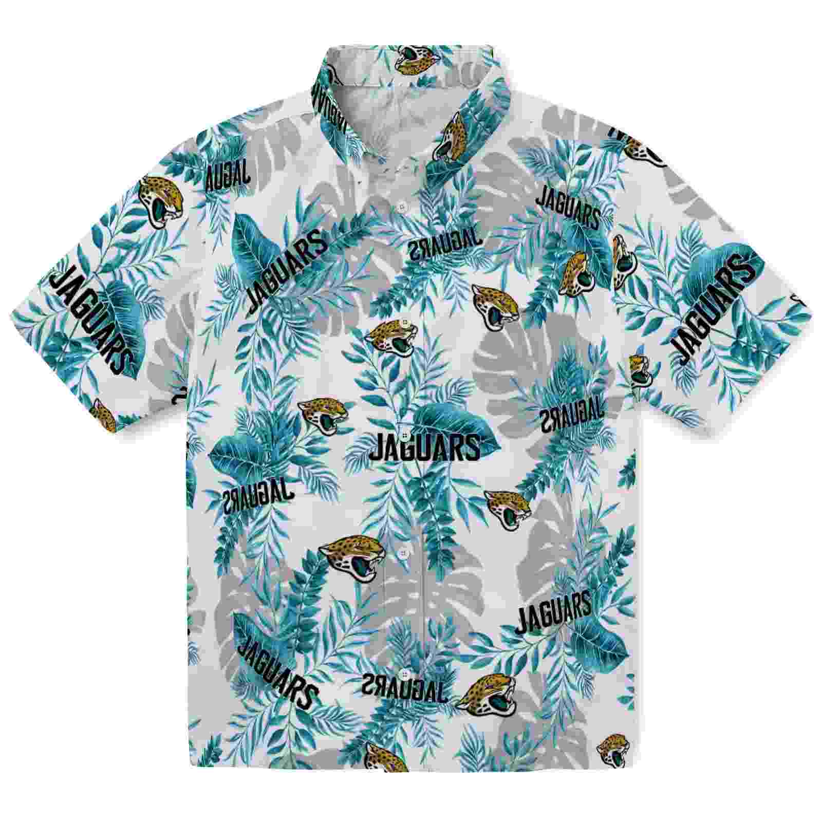 Jacksonville Jaguars Tropical Leaves Teal White Hawaiian Shirt