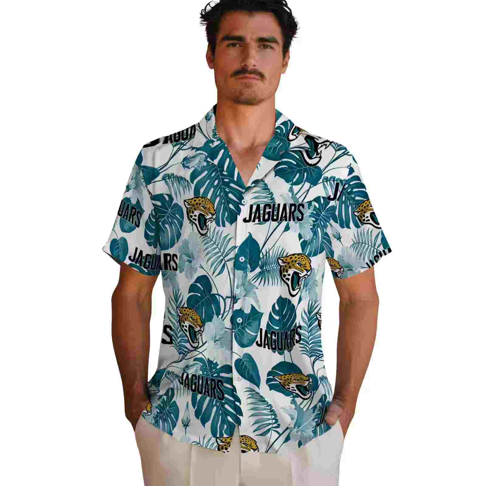 jacksonville jaguars tropical plants teal white hawaiian shirt fashion forward