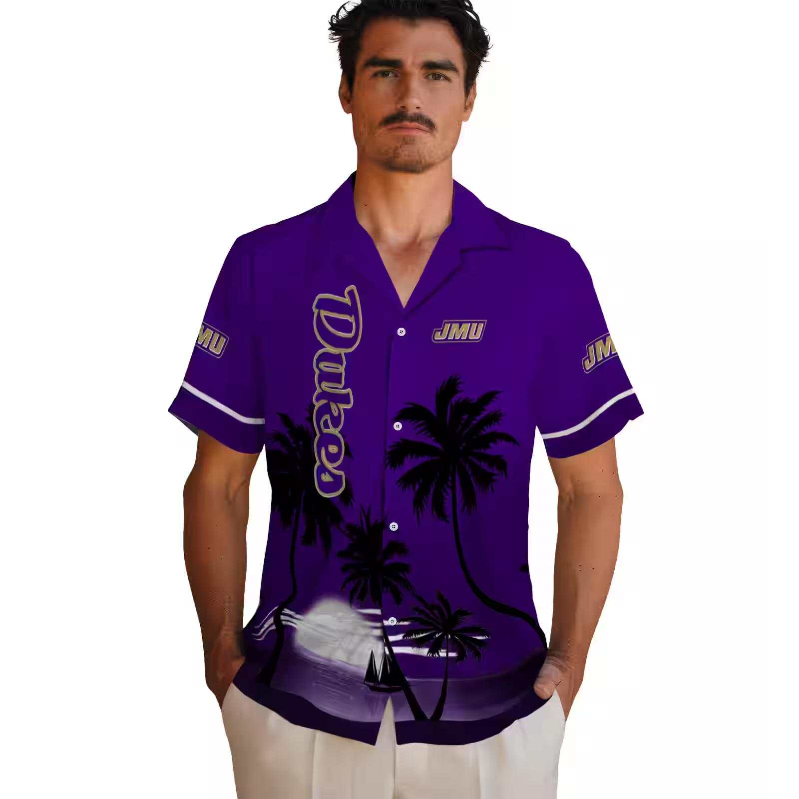 james madison dukes beach sunset purple black hawaiian shirt fashion forward